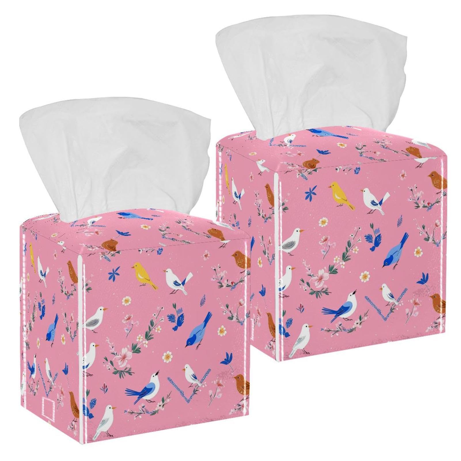 Birds and Flowers Tissue Box Cover, 2 Pack PU Leather Square Facial Tissue Dispenser Box holder for Home Office Car