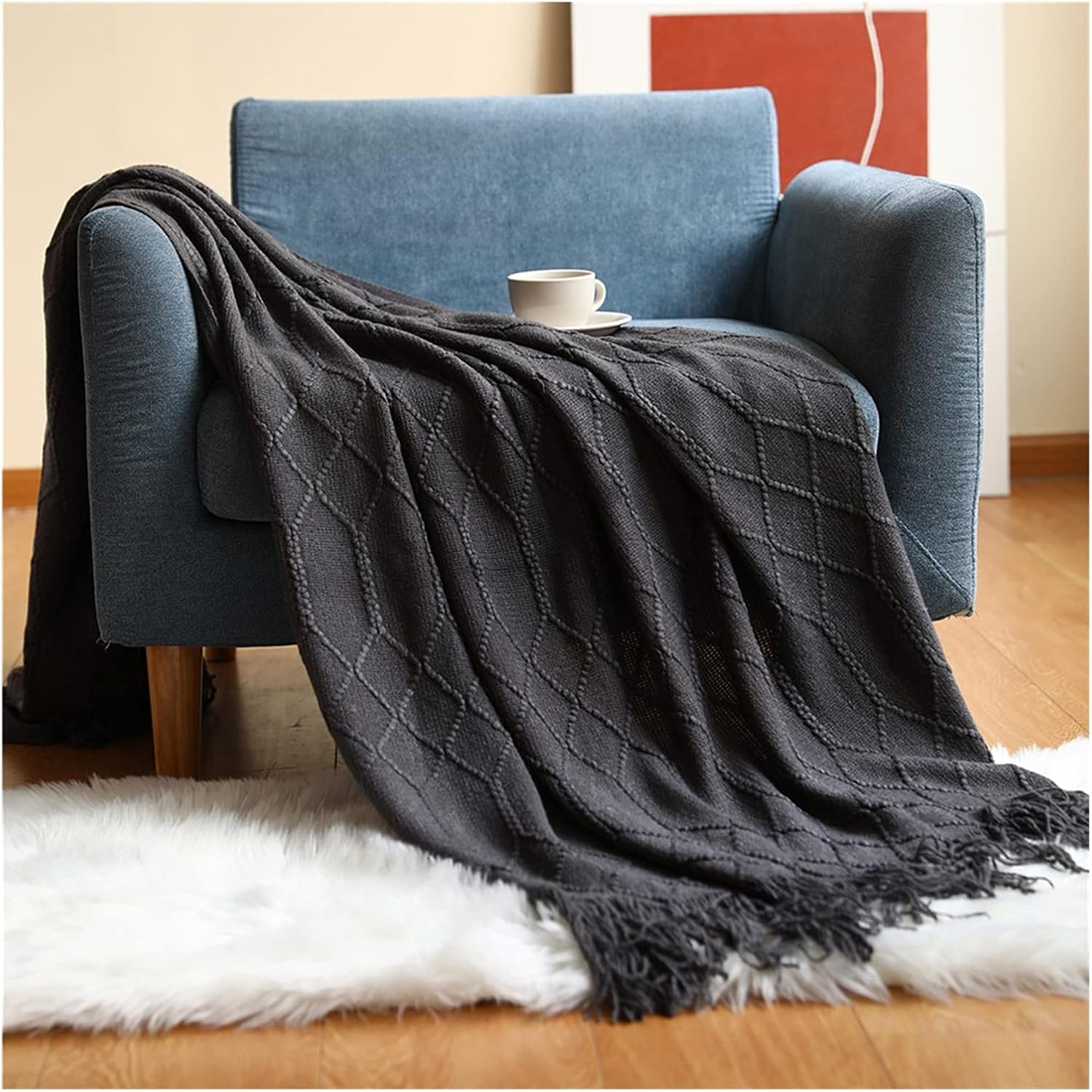 Throw Blanket Textured Solid Soft Sofa Couch Cover Decorative Knitted Blanket Weighted Knit Blanket (Colour: Diamond Light Grey Size: 130 x 240 cm) (Diamond Atrovirens 130 x 240 cm)