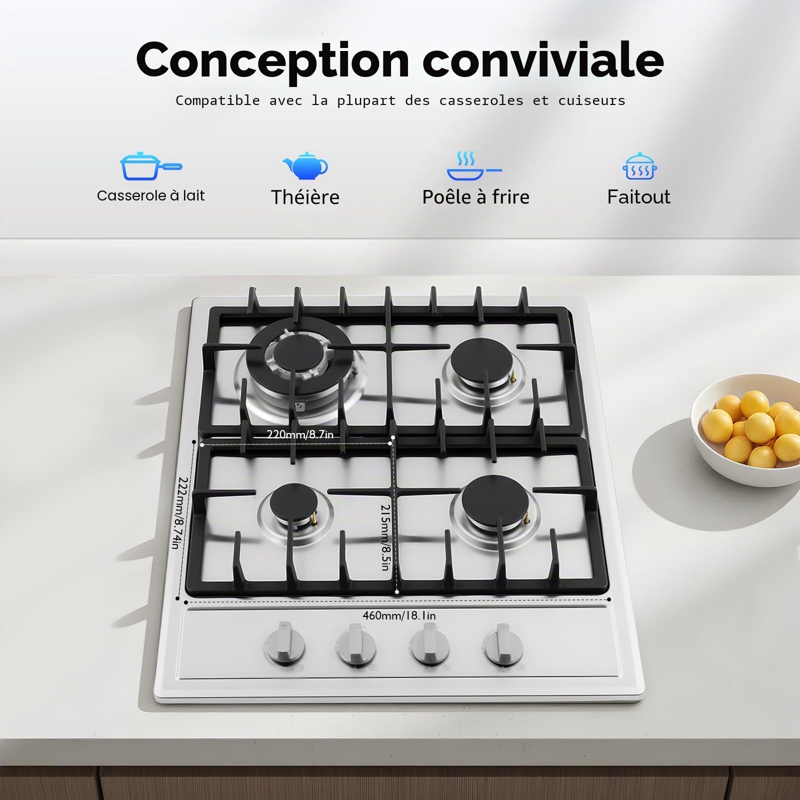 Table Cuisson Gaz 5 Feux, Plaque Encastrable, Cuisinière Professionnelle, Acier Inoxydable, Protection Sécurité Flamme, Contrôle Indépendant, Pour Restaurant Maison Hôtel (4, 59, Centimètres)