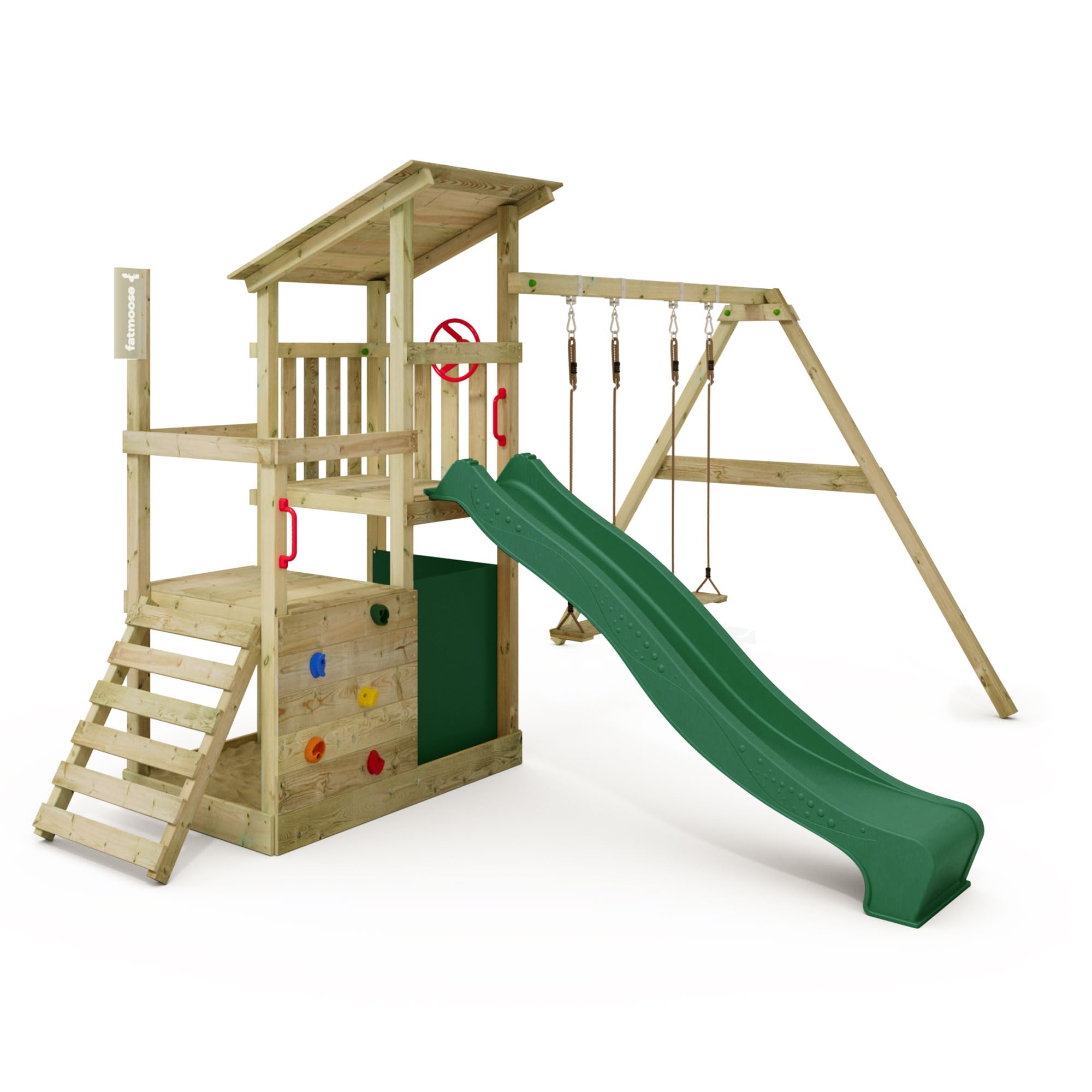 FATMOOSE Spielturm Klettergerüst FruityForest Fun XXL mit Schaukel & grüner Rutsche, Outdoor Kinder Kletterturm mit Sandkasten, Leiter & Spiel-Zubehör für den Garten