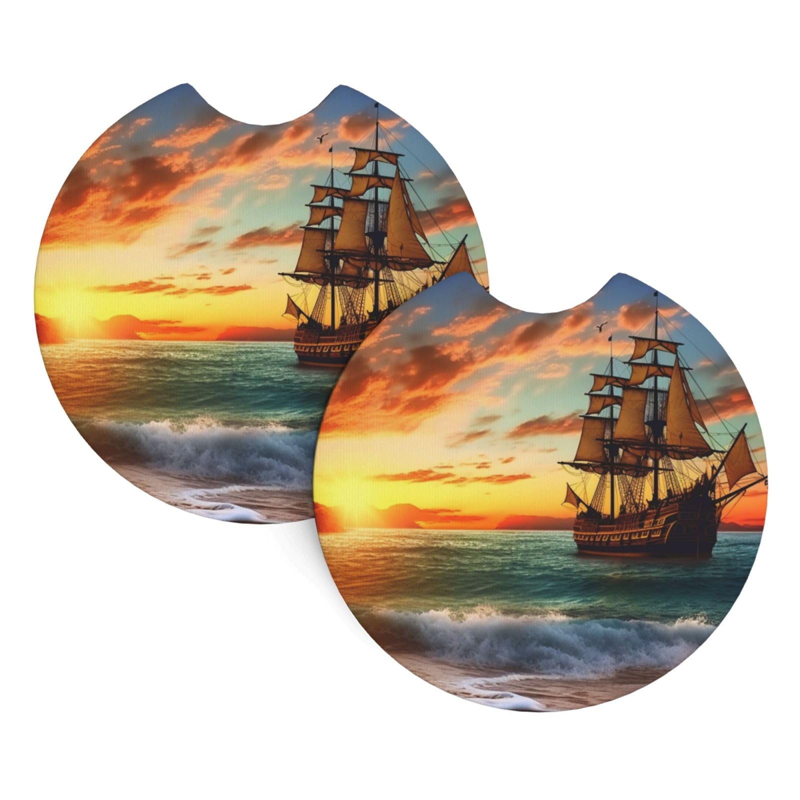 2PCS Car Coaster for Cup Holders Universal Auto Cup Mat Pirate Ship in The Sunset Cup Coaster Pad 2.7" Waterproof Neoprene Non-Slip Cup Holder Coasters Car Interior Accessories for Women Men