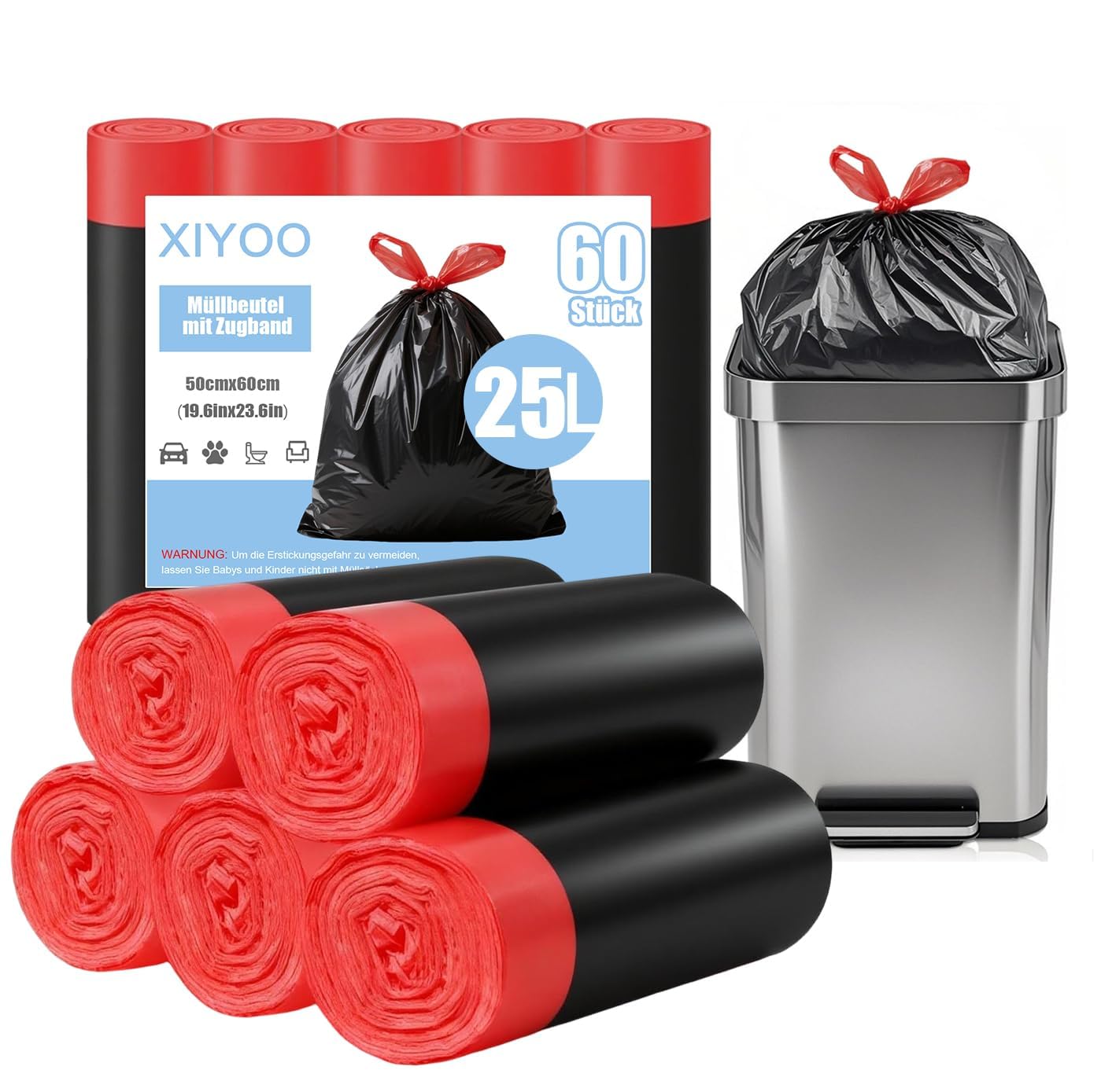 XIYOO Schwarz Müllbeutel 25L mit Zugband 60 Stück Reißfest Mülltüten Reißfeste Müllsäcke mit Tragegriff Abfallsäcke