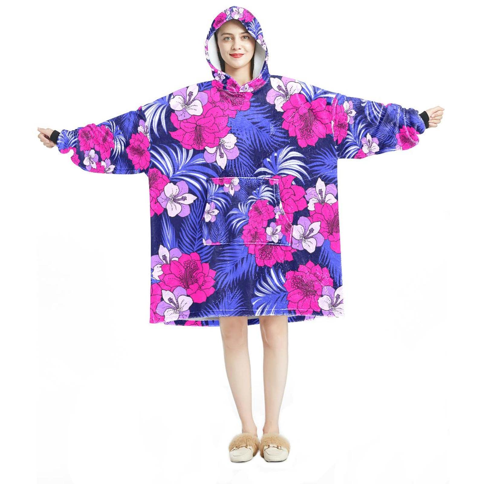 Sweat à capuche surdimensionné en flanelle sherpa à motif floral tropical