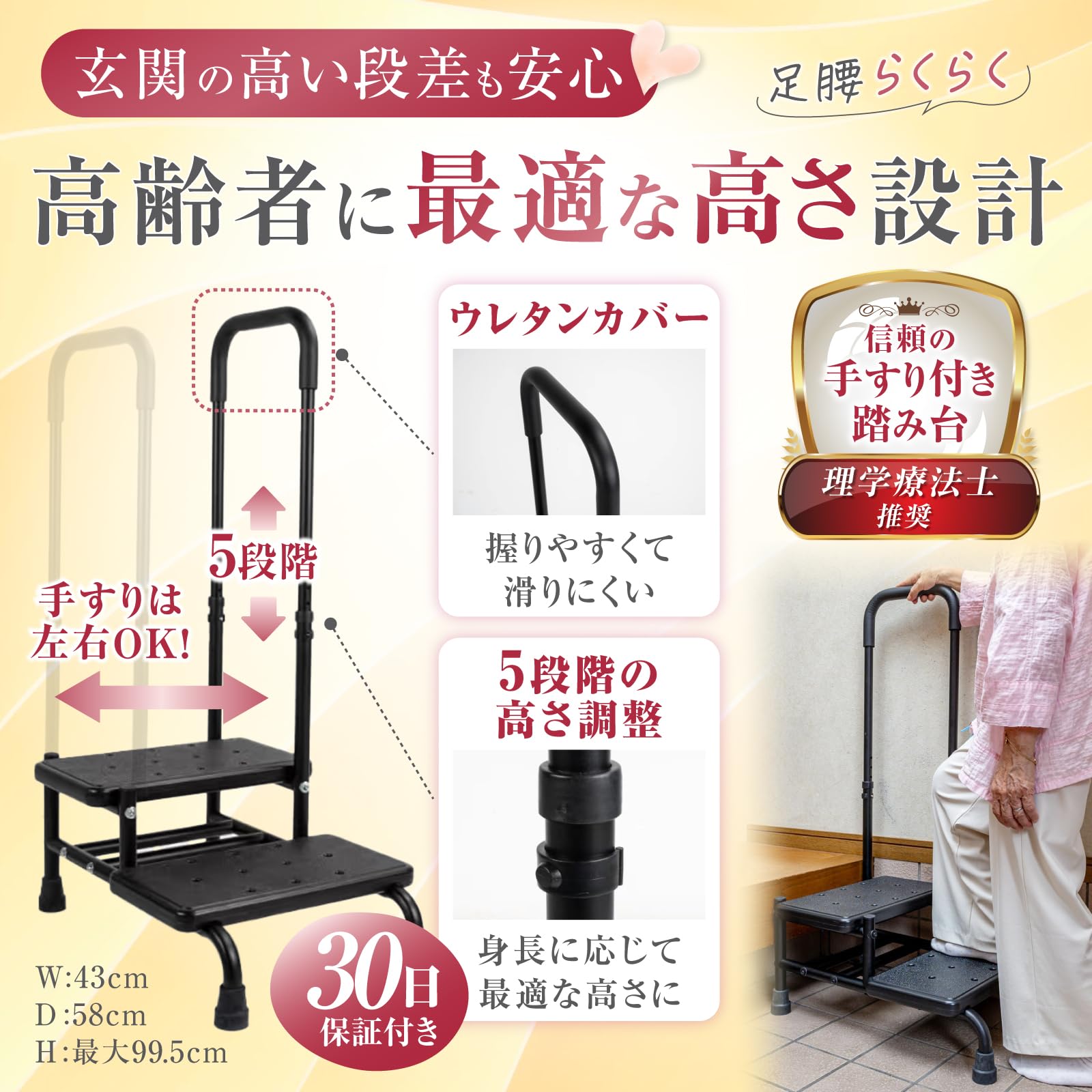 Amazon｜【段差の高い玄関の踏み台】手すり付き2段踏み台 幅43×高さ