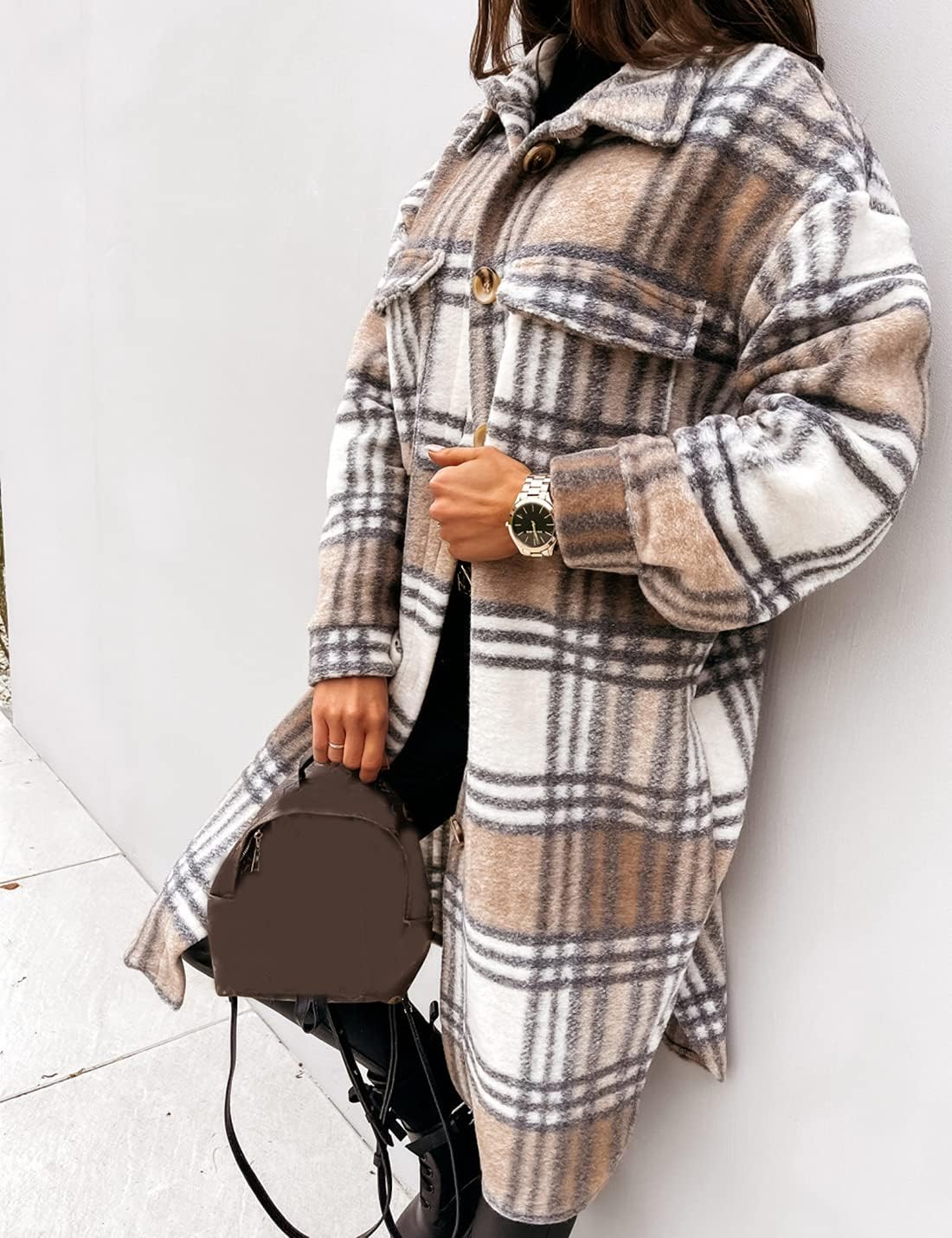 PUWEI Women's Long Flannel Plaid Jacket Shacket Cozy Lapel Button Down Shirt Jacket Fuzzy Trench Coat - Image 6