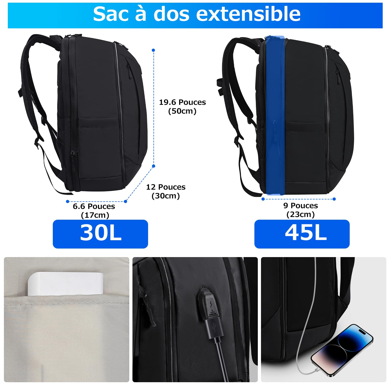 KINGSLONG Sac a Dos Sous Vides: 65L RÉSISTANT À L'EAU Sac de Voyage Vide COMPACT PROTECTION LAPTOP 17.3'' Pome Incluse IDÉAL Avion/EASYJET/RYANAIR ÉTanche Sac à Dos Business Outdoor Hiking Noir