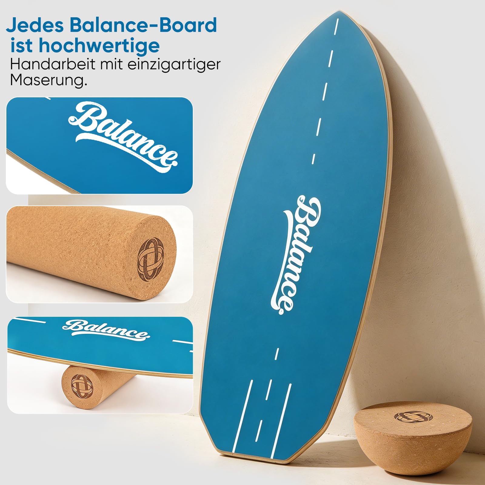 Balance Board Komplett-Set aus Massivholz – 4-in-1 Gleichgewichtsboard mit Rolle, Halbkugel & Faszienball, 78 x 30 cm, belastbar bis 204 kg, rutschfest – für Erwachsene, Anfänger & Profis