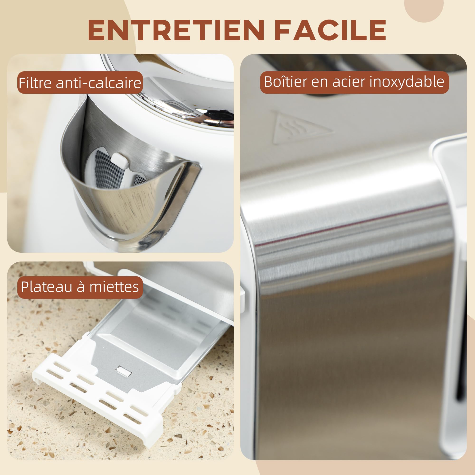 HOMCOM Ensemble bouilloire et grille-pain en inox 2200 W et 1,7 L, grille-pain 4 tranches, 7 niveaux de brunissage, chauffage rapide, thermostat Strix, filtre anticalcaire et plateau à miettes, blanc