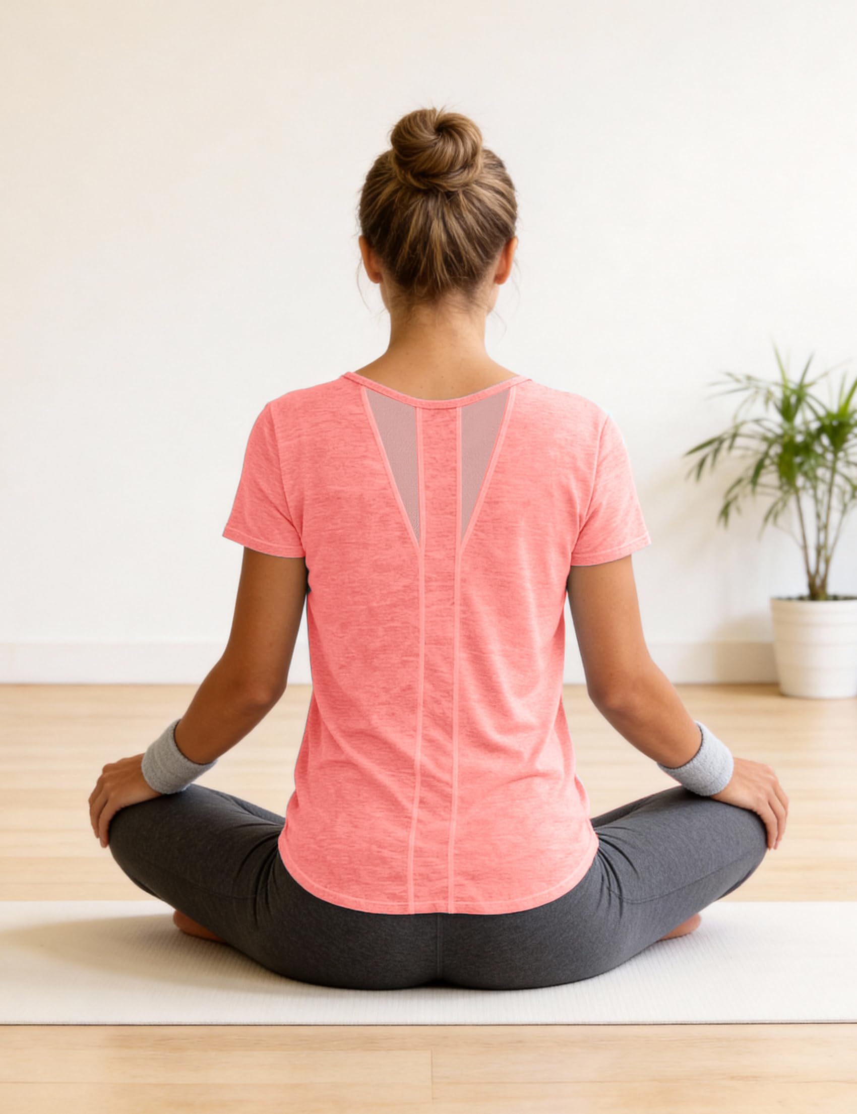 Camiseta Deportiva Mujer Manga Corta Cuello Redondo Secado Rápido Top de Malla Transpirable para Yoga Fitness Correr Pilates S-XXL