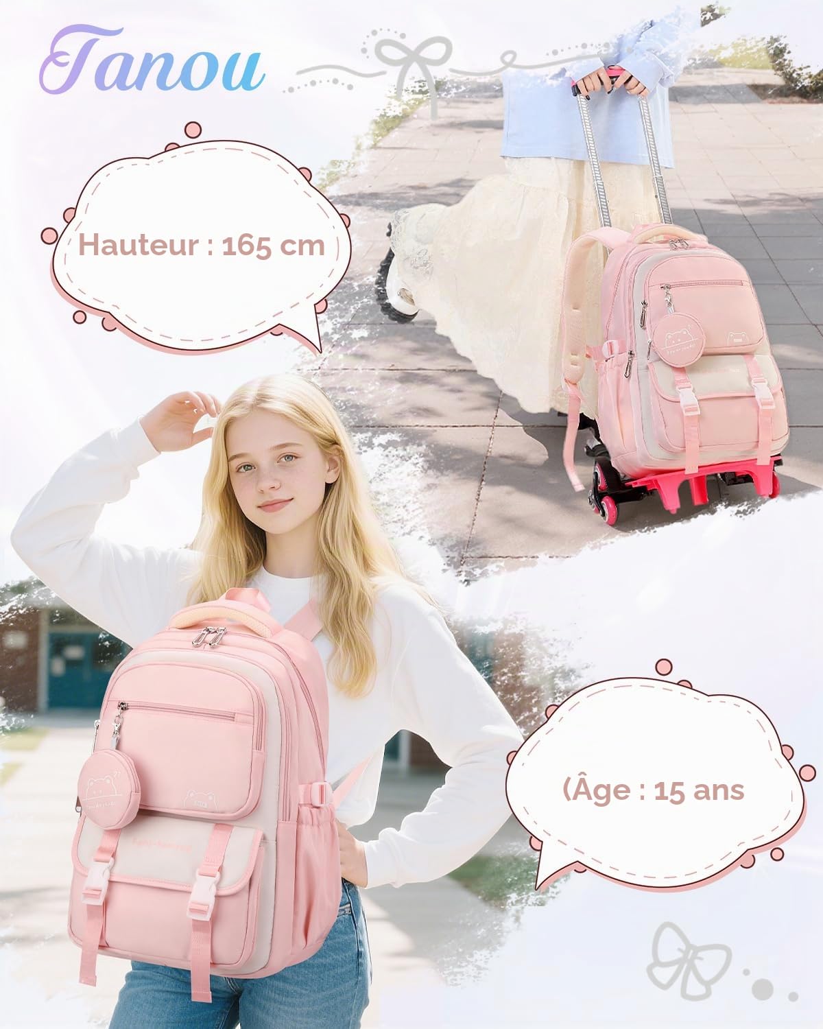 Tanou Cartable a Roulette Fille, 30L Sac à Dos ado College Décontracté