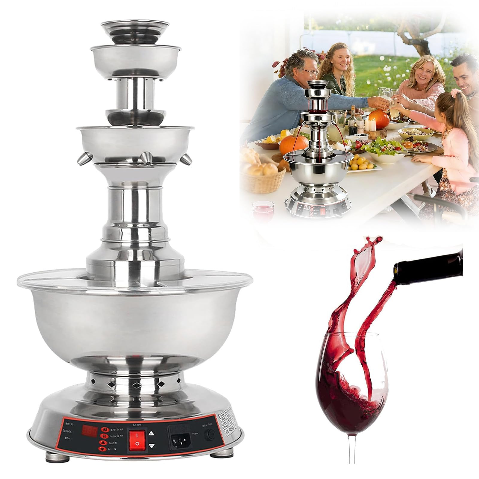 MINEYCHCEY Party Drink Fountain 3-Tier 3.5L, Electric Champagne Fountain with Heating, Stainless Steel Cocktail Dispenser for Buffet Catering