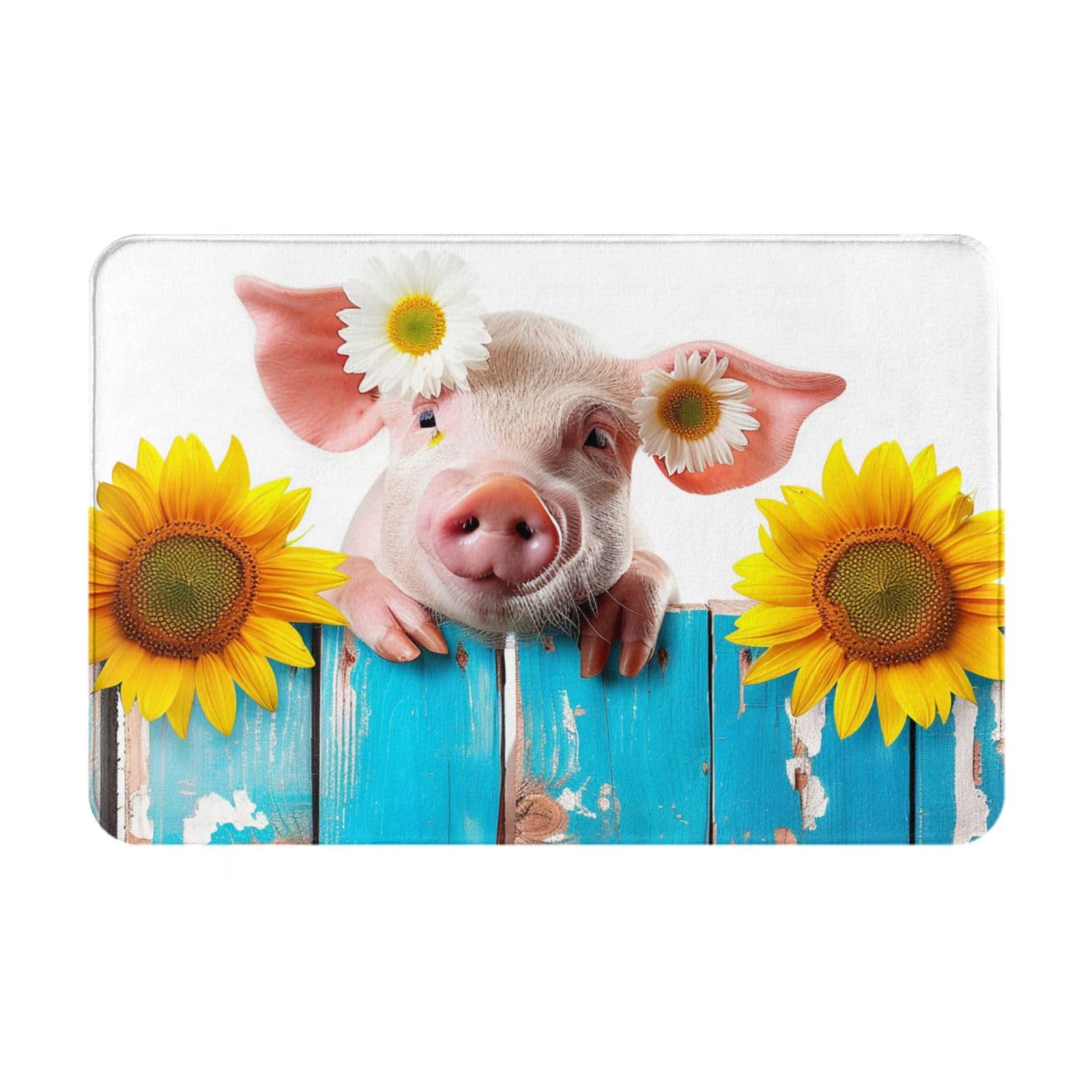 Mexpekil Non-Slip Bath Mat Rug For Bathroom Floor Funny Pig On The Wooden Board Rustic Sunflower Farmhouse,16 x 24Inches, Super Water Absorption, Cozy Design, Machine Washable
