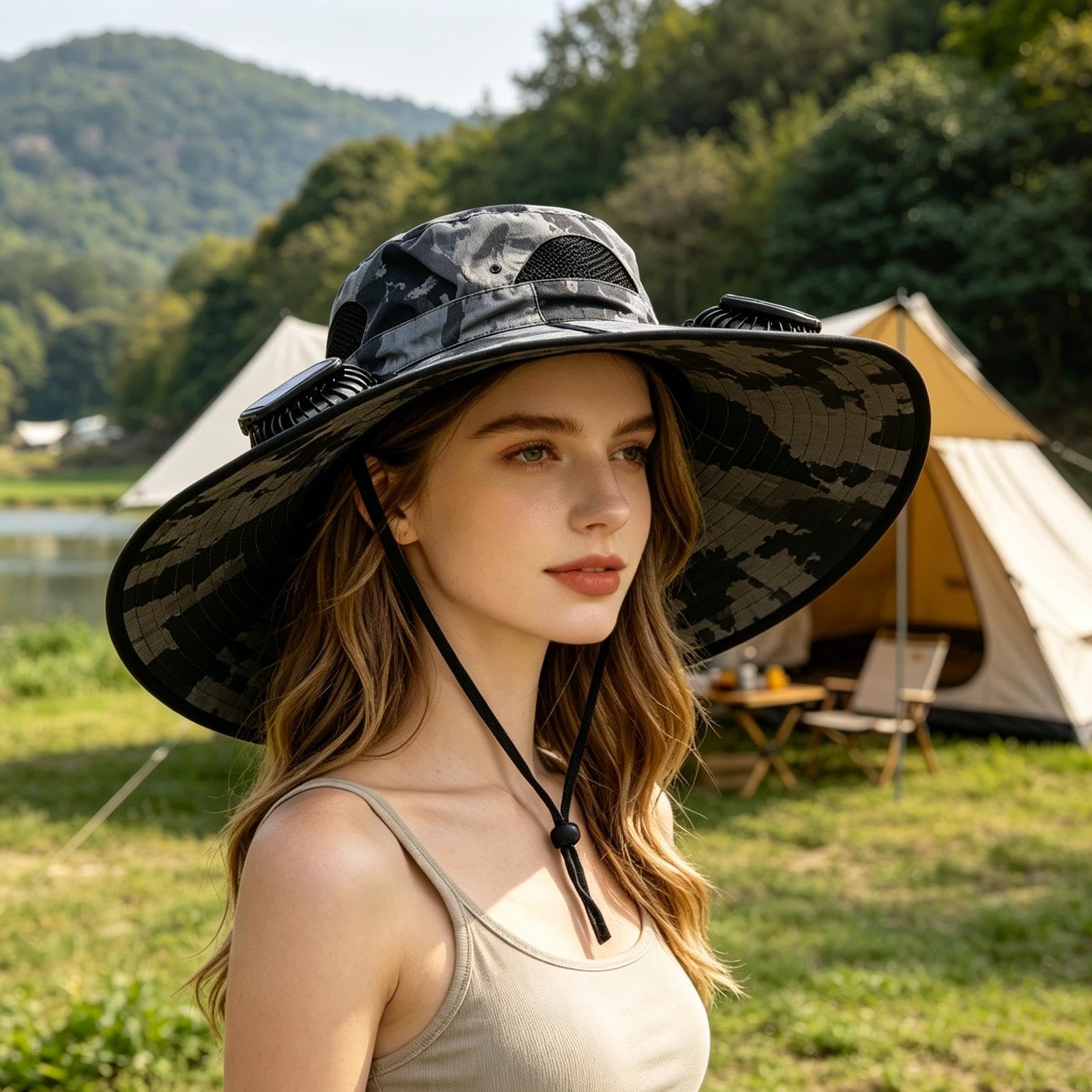 Sombrero de abanico solar transpirable de 3 velocidades, ala ancha reforzada con alambre solar, para exteriores, playa, verano, camping, pesca, senderismo, golf, jardinería, trabajo, hombres y mujeres