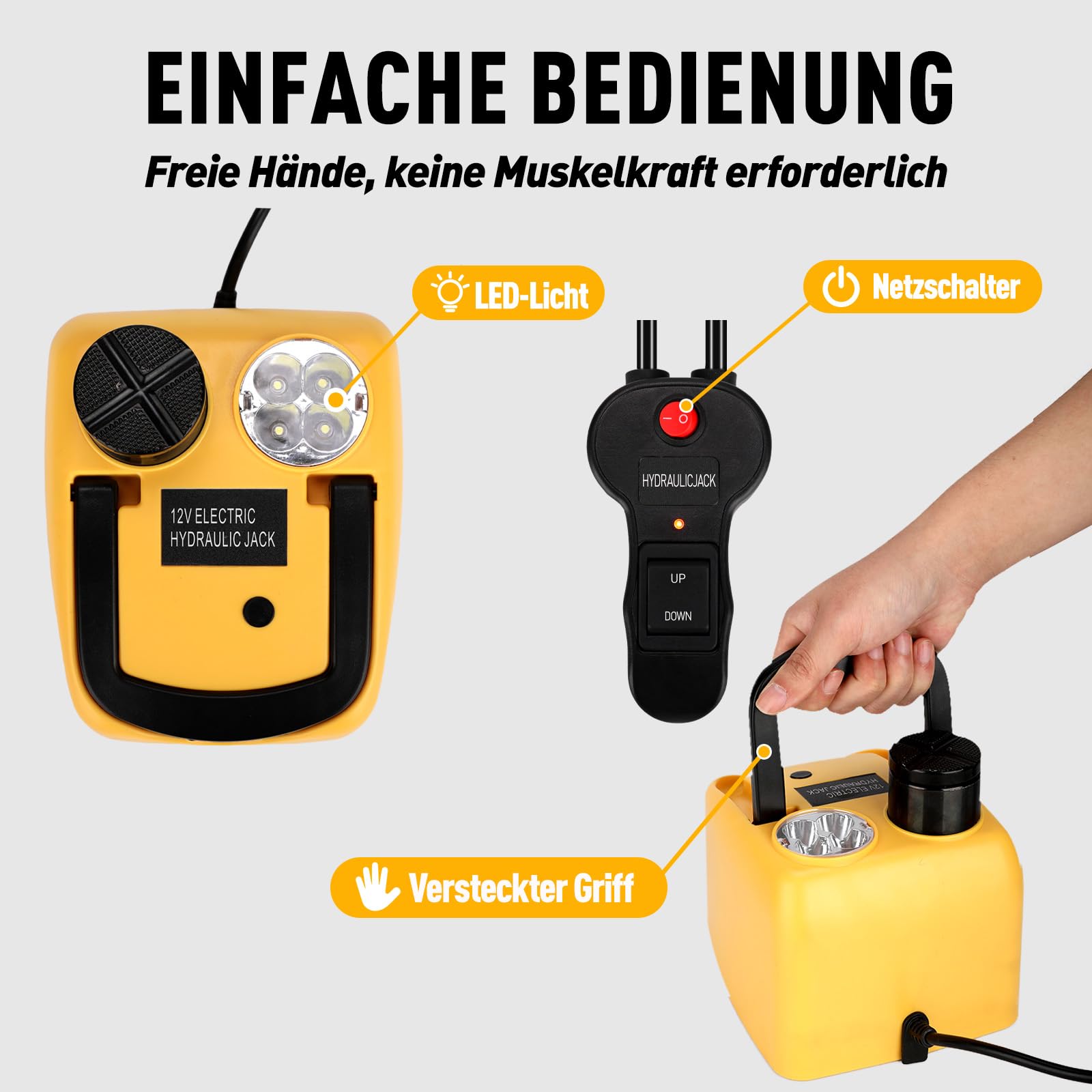 ROGTZ Elektrischer hydraulischer Wagenheber-Set 5 Tonnen 12V, Ultra-tragbarer Auto-Fahrzeugheber mit 15,5-45 cm Reichweite für SUV/Limousine/LKW-Reparatur, Wagenheber für Reifenwechsel mit LED, leicht