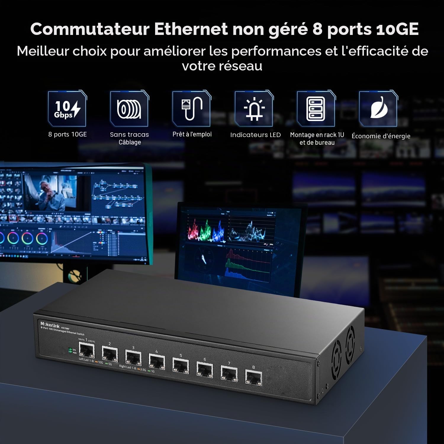 MokerLink Commutateur réseau Ethernet non-géré 10G 8 ports, 10G/5G/2,5G/1G auto-adaptatif, Plug and Play, Commutateur réseau de bureau en métal|à montage sur rack