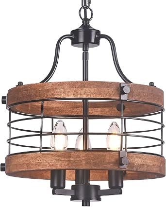 Farmhouse Wood Chandelier Vintage Ceiling Light, Modern Metal & Wooden Circular 3 Lights, Rustic Drum Hanging Chandelier with Adjustable Chain Light Fixtures for Dining Room Entryway FoyerBlack