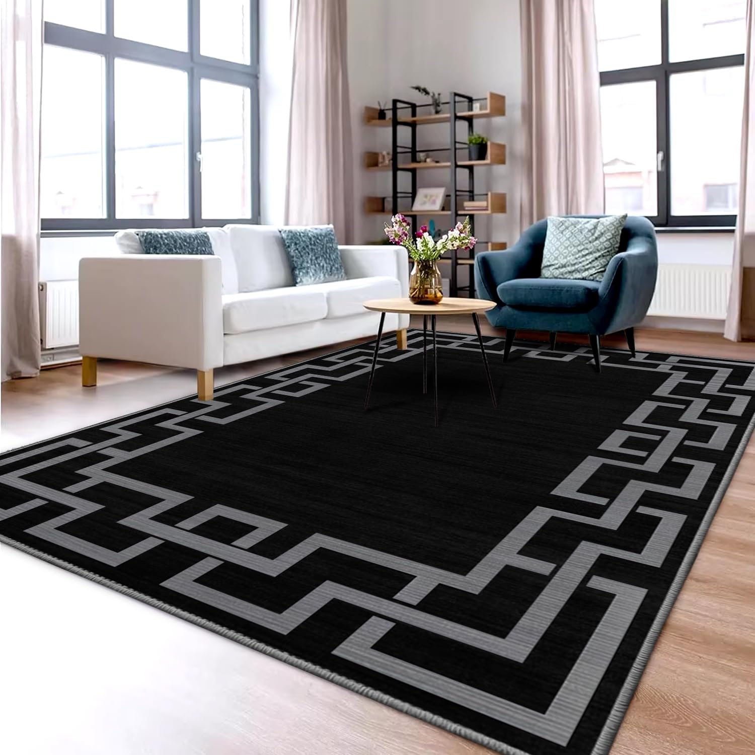 Aspire Homeware Rugs Living room 120 x 170 Anti Slip Greek Key Style Bedroom Rug – Easy to Clean Floor Carpets for Nursery Room Playing mat – Non-Shedding Black Area Rugs for Lounge(Nico Black)