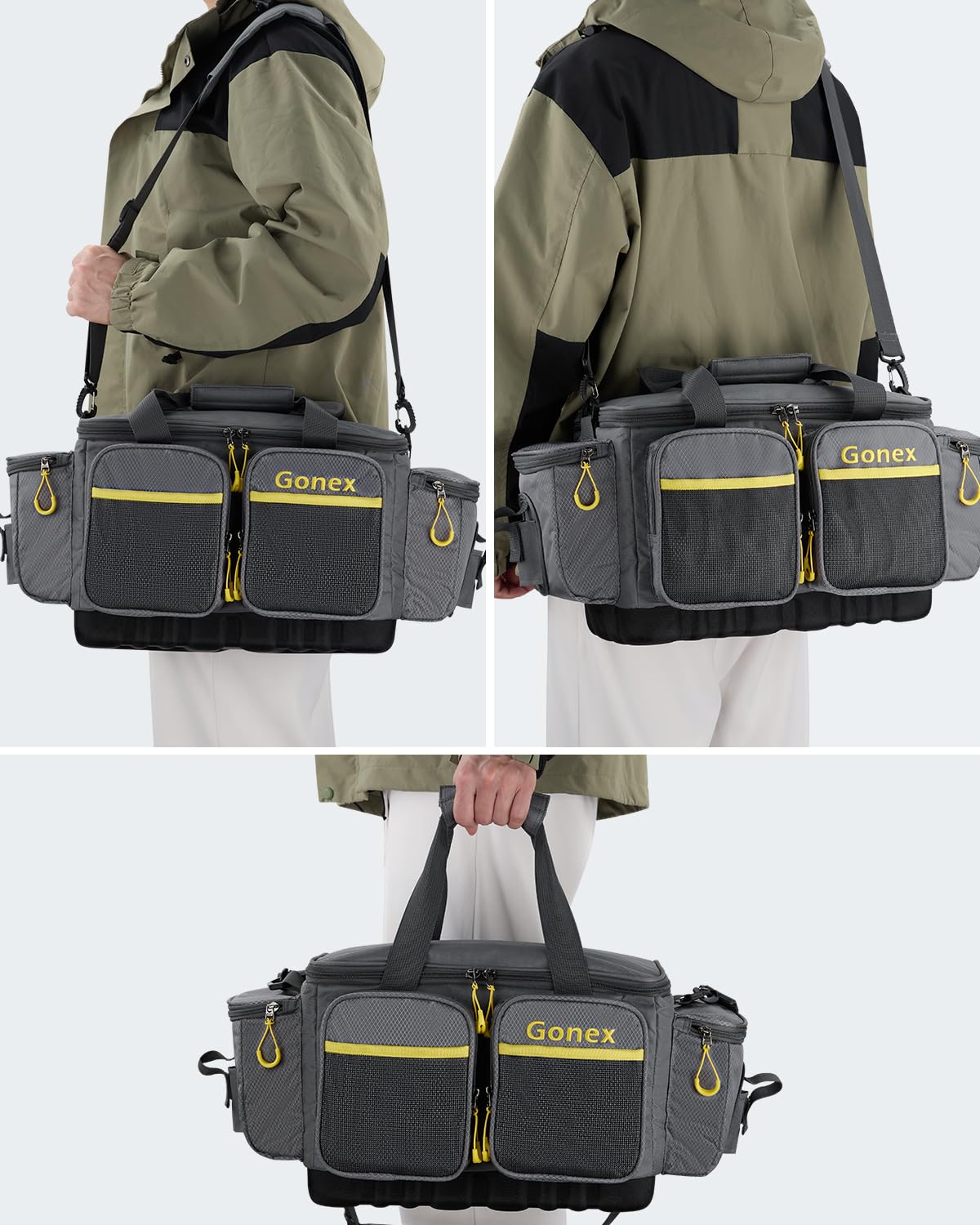 Gonex Bolsa de Pesca Impermeable de poliéster con Correa de Hombro Acolchada y Base Antideslizante, Adecuada para 3600 3700 Tackle Box (Gris)