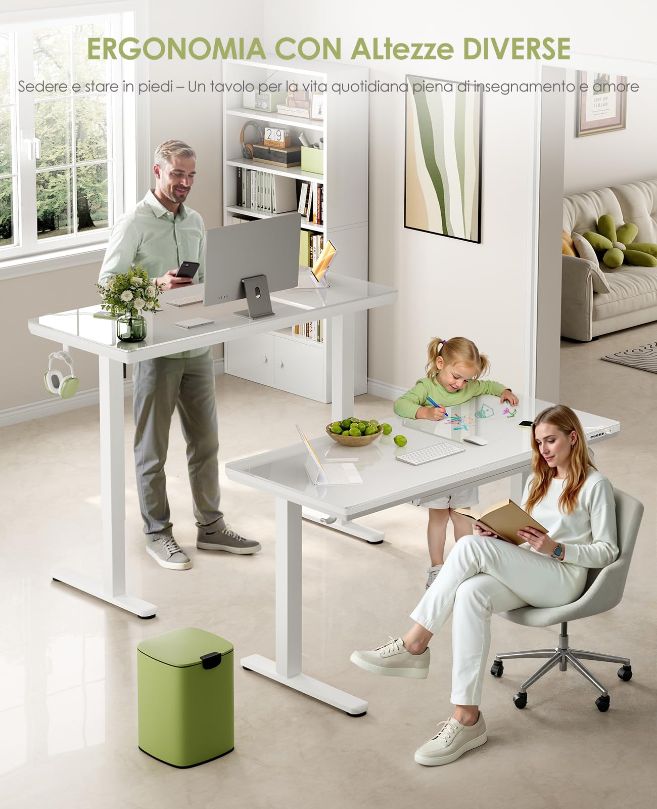 OffiGo Scrivania Regolabile in Altezza Elettrica, 140 x 60 cm, Top in Cristallo Monoblocco, Scrivania in Vetro con Cassetto e Porte USB e Type-C, Scrivania da Sede/Standing, per Casa e Ufficio, Bianco