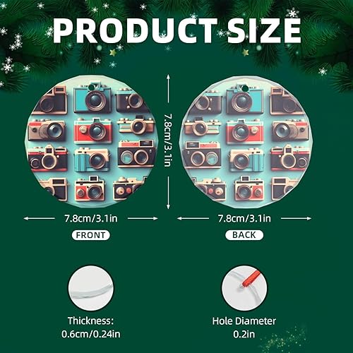 Miniatura 3 de Retro Cool Camera Collection Print Traditional Check Holiday Ornaments,Round Festive Decor,Hanging Pendant for Christmas Tree