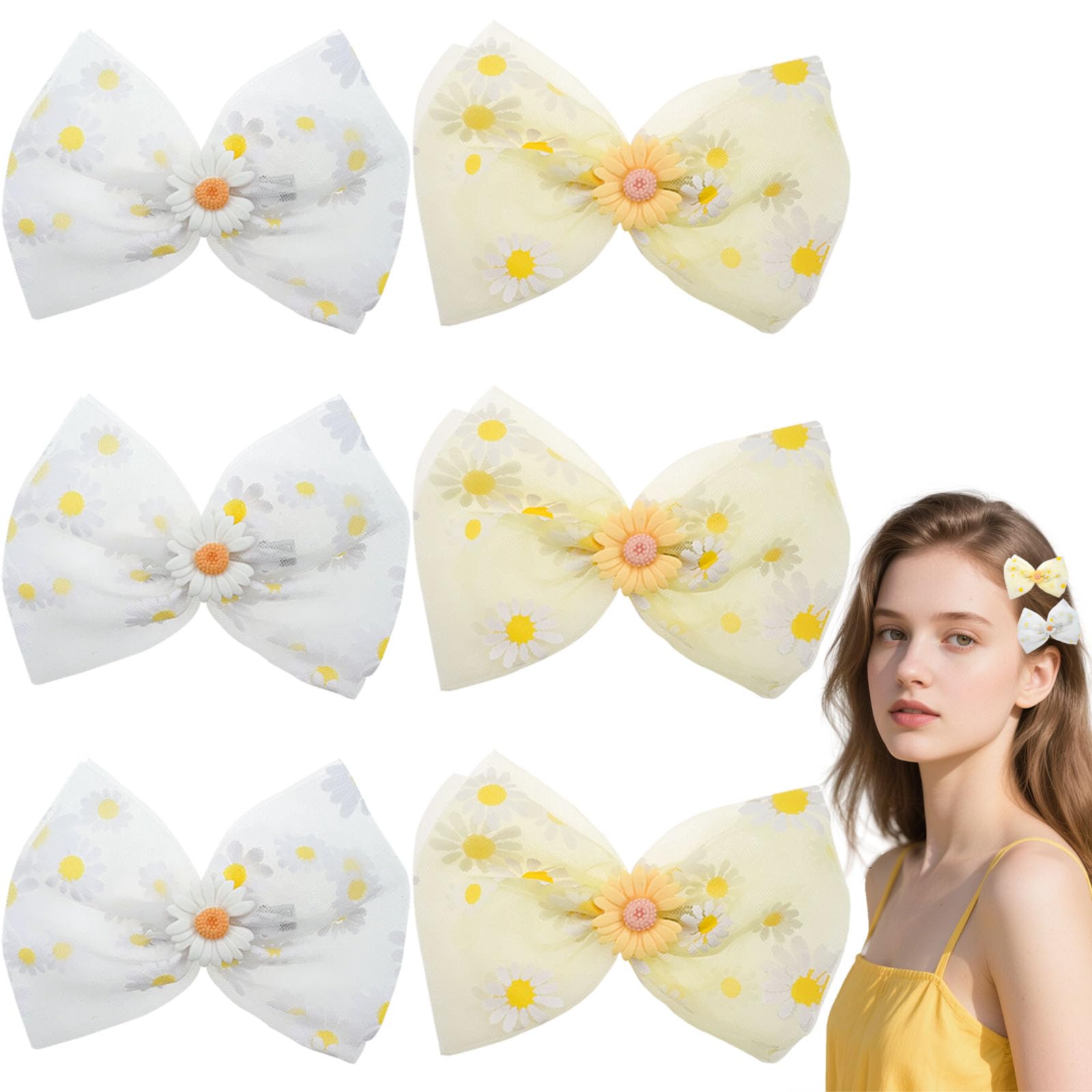 6PCS Yellow Daisy Bow Hair Clips for Girls Women, Double Tulle Bowknot Alligator Barrettes Spring Summer Cute Wedding Hair Accessories