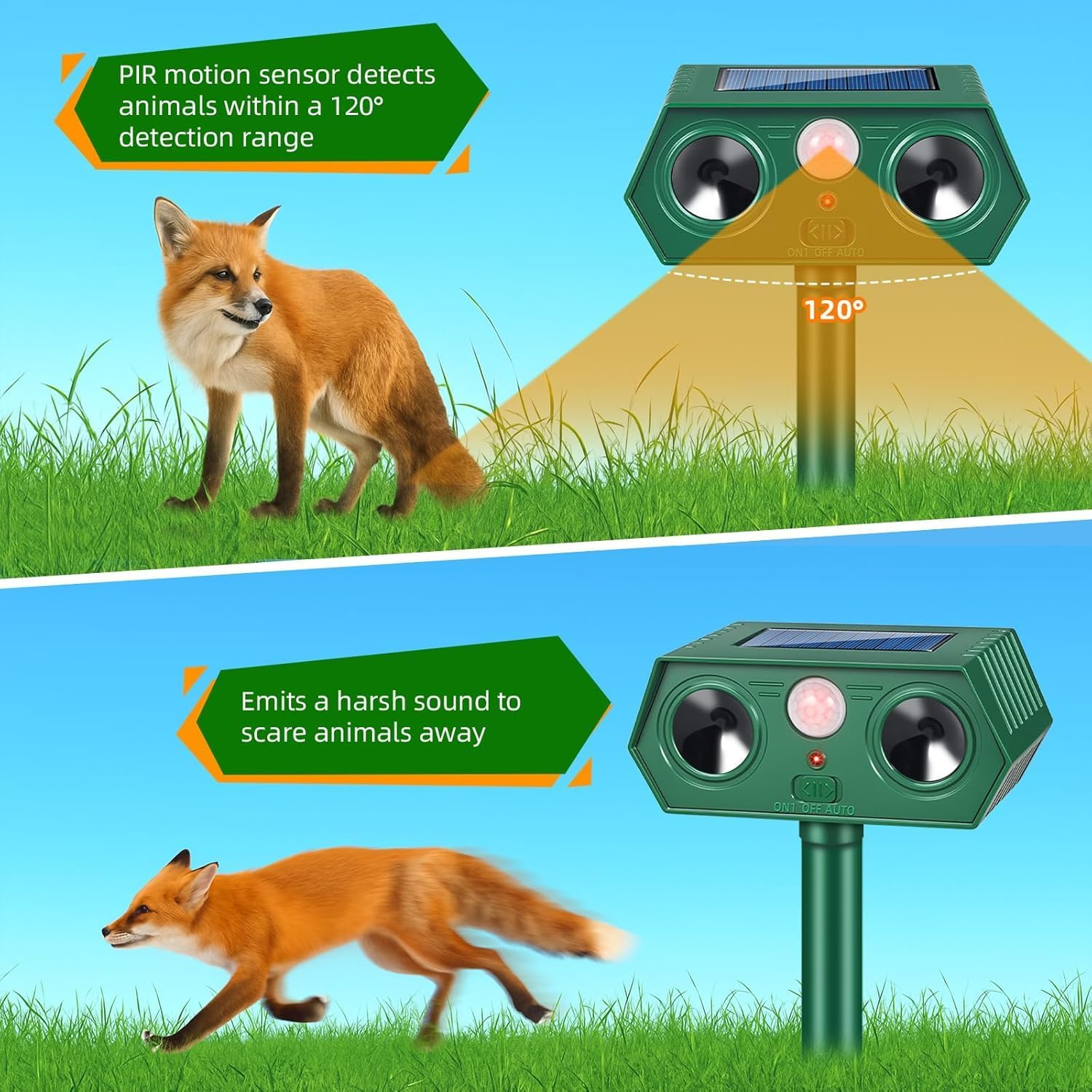 4Pack Solar Ultrasonic Animal Repeller Outdoor Deer Repellent Devices Motion Activated Cat Deterrent for Yard Garden IP65 Waterproof Ultrasonic Cat Repellent for Squirrel Raccoon Dog Skunk Rabbit