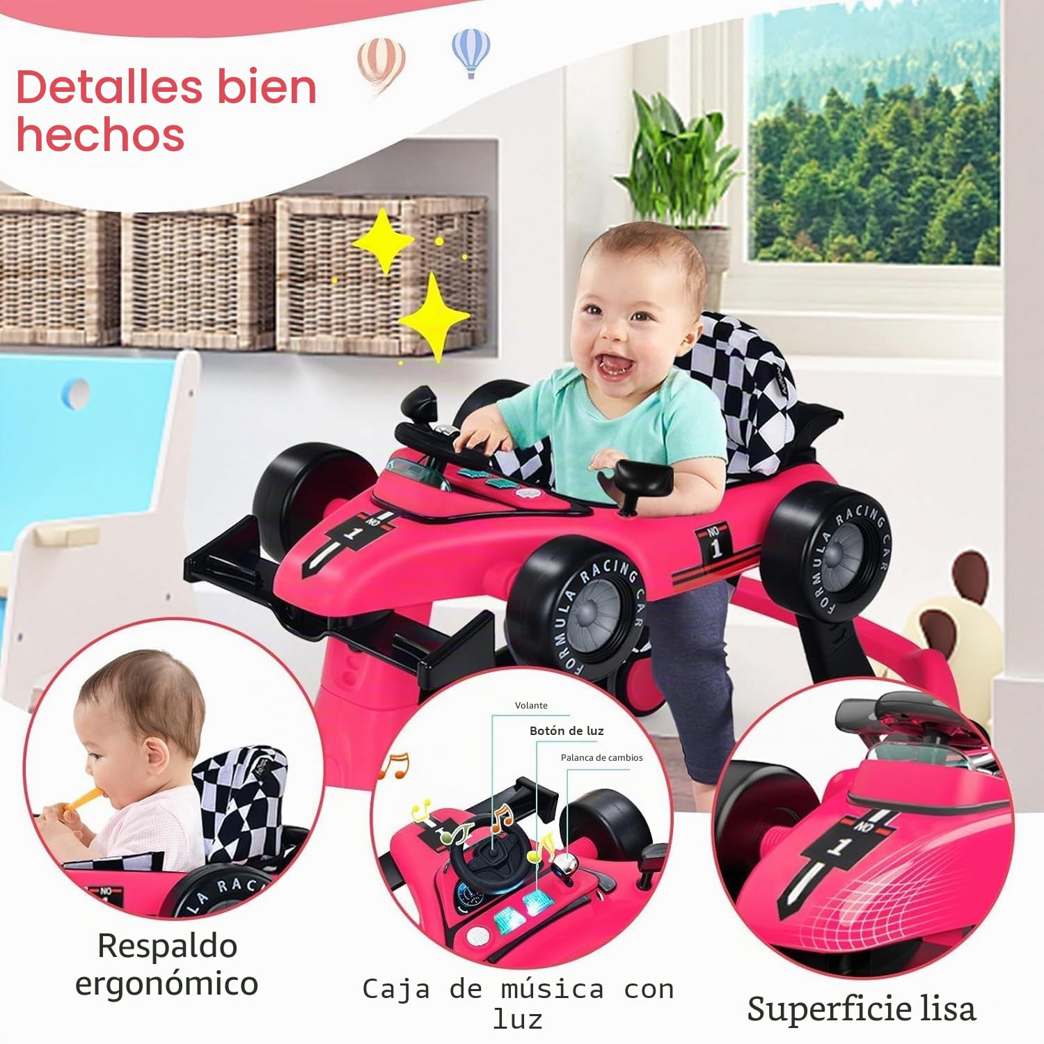 FANTASK Andador 4 en 1, plegable con altura y velocidad ajustables, con caja de música, luz y ruedas (rosa)