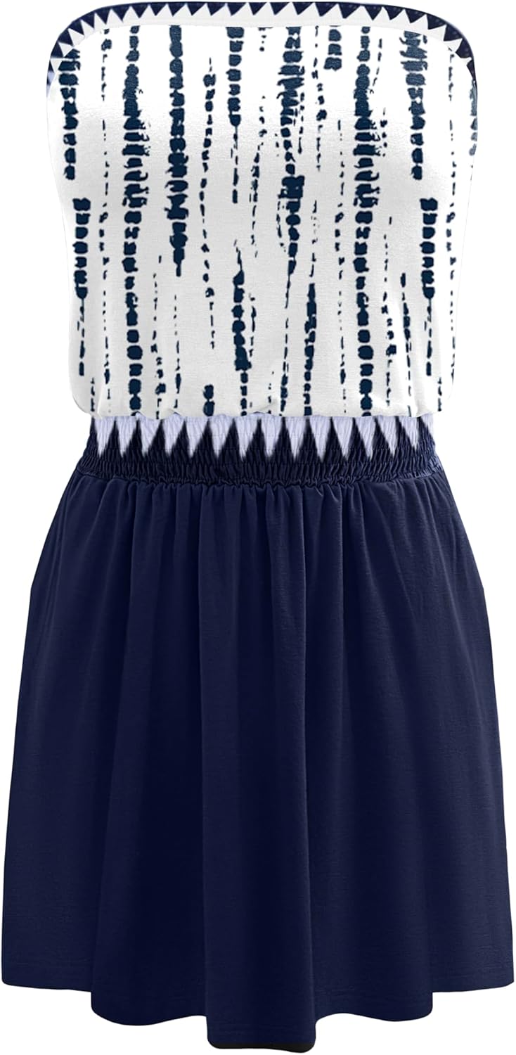 SAUKOLE Summer Dresses for Women Bandeau Strapless Smocked Elastic Waist Sundress Tube Mini Dress with Pockets - Image 4