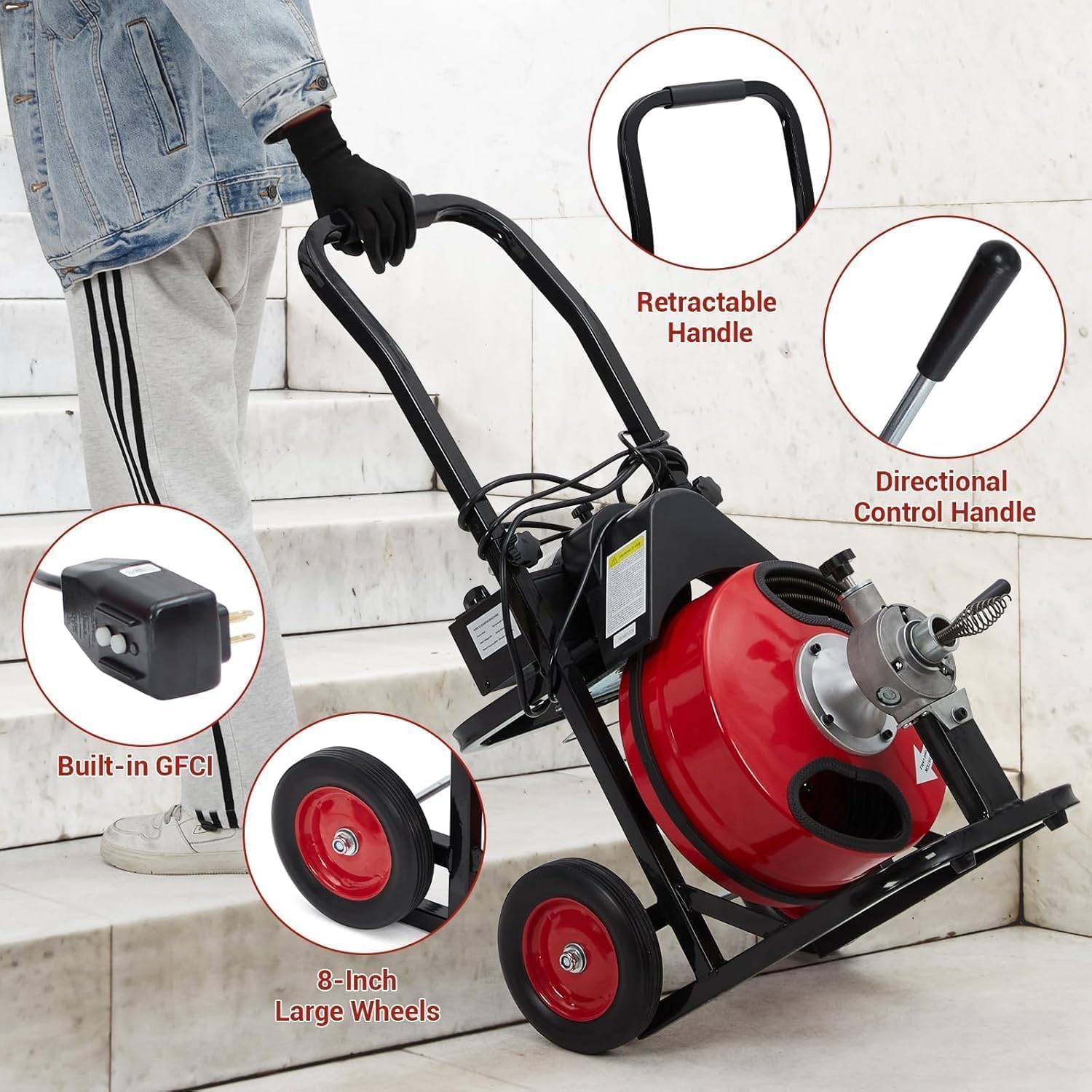 100 ft x 1/2 Inch Auto-Feed Drain Cleaner Machine, 370W Portable Sewer Snake Auger with 8 Interchangeable Cutters & Foot Pedal, Fits 1-4 Inch Pipes – Heavy Duty Electric Drain Cleaning Tool