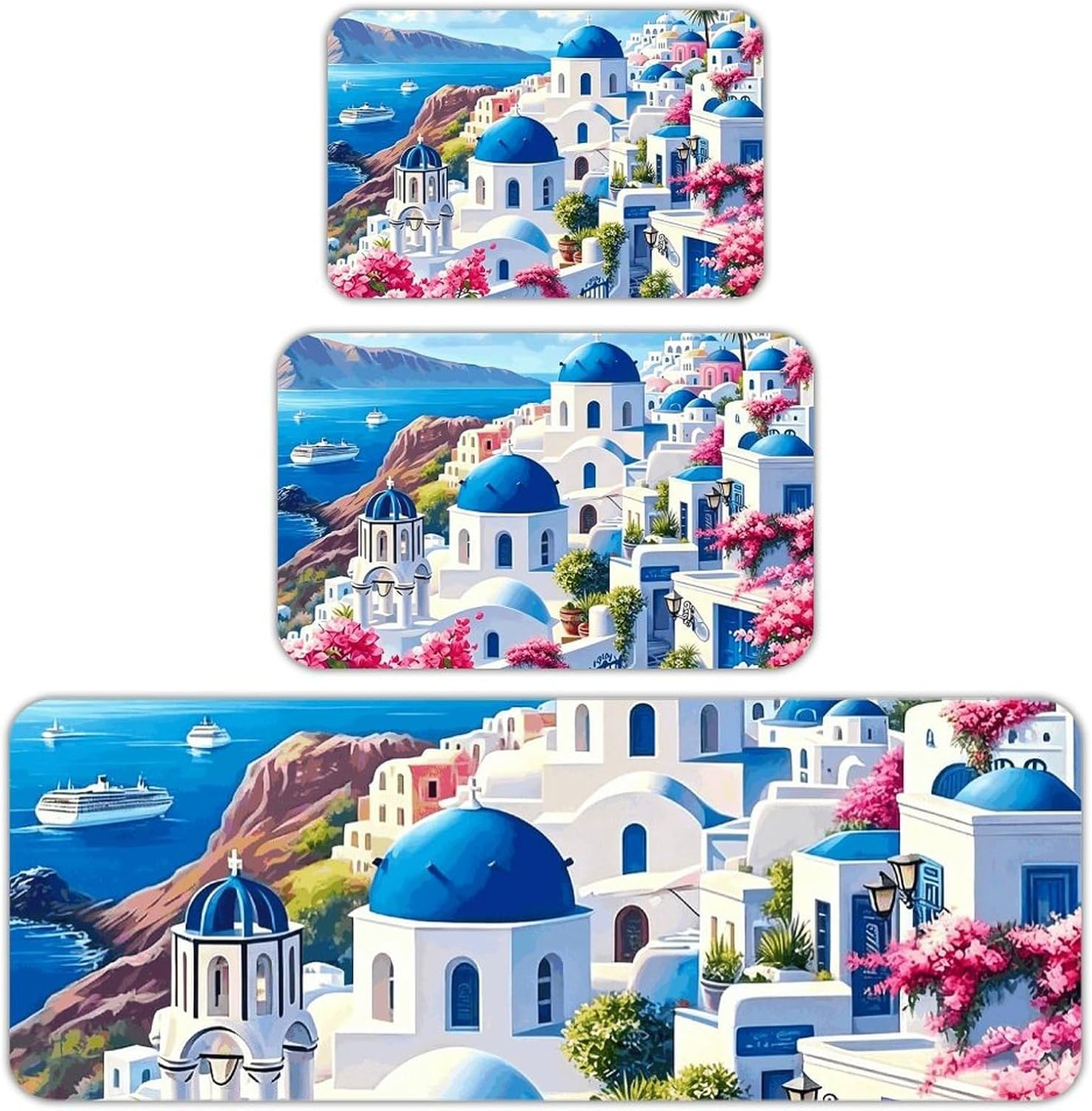 Santorini Seaside Town Kitchen Mats for Floor 3 Pcs Kitchen Rugs