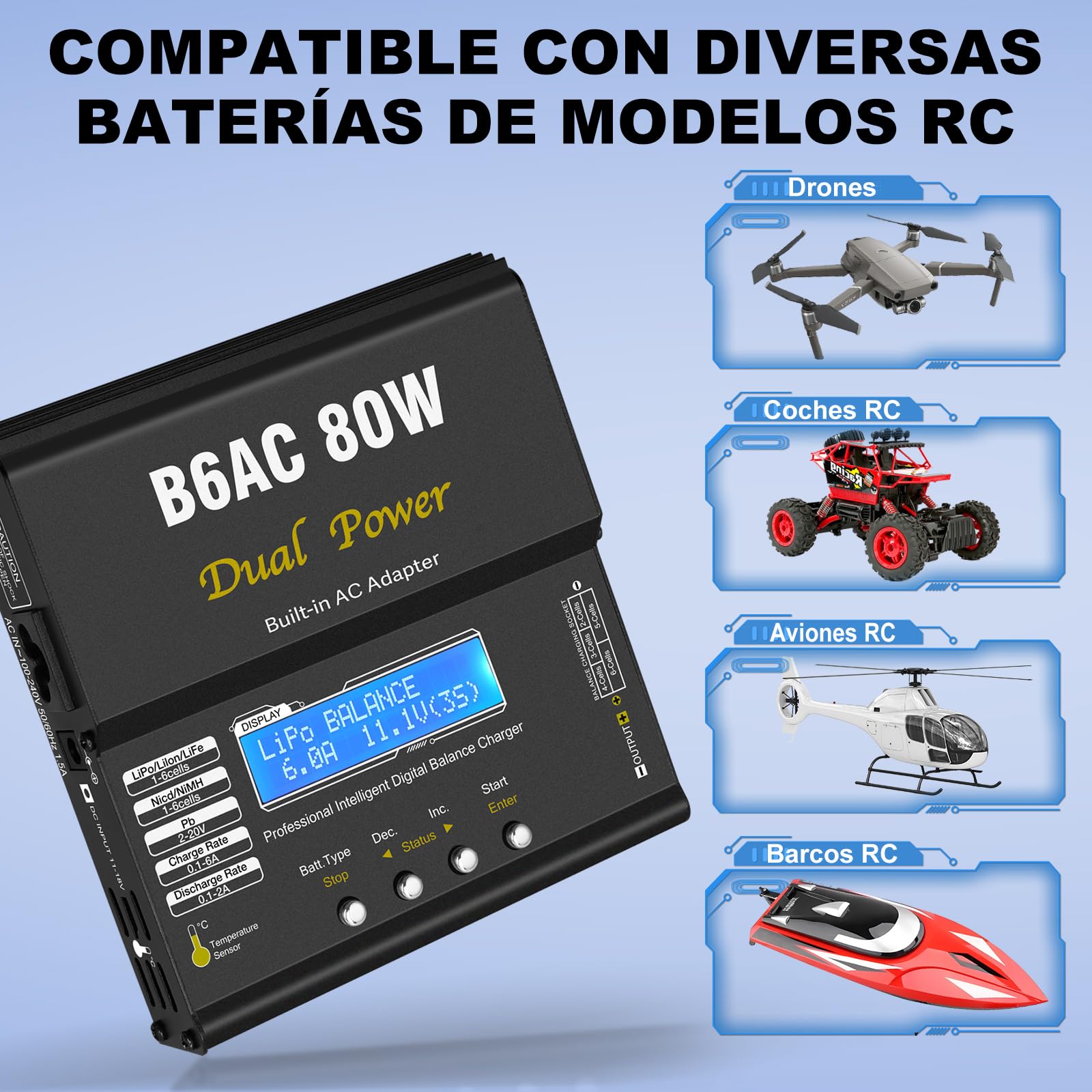 HTRC Chargeur Batterie LiPo, 80W 6A Chargeur LiPo RC pour Batteries LiPo/Li-ION/Life (1-6 Cellules), NiMH/NiCd (1-15 Cellules) et PB (2-20V), équipé de Connecteurs XT60/Prise T/Tamiya/Pince Crocodile