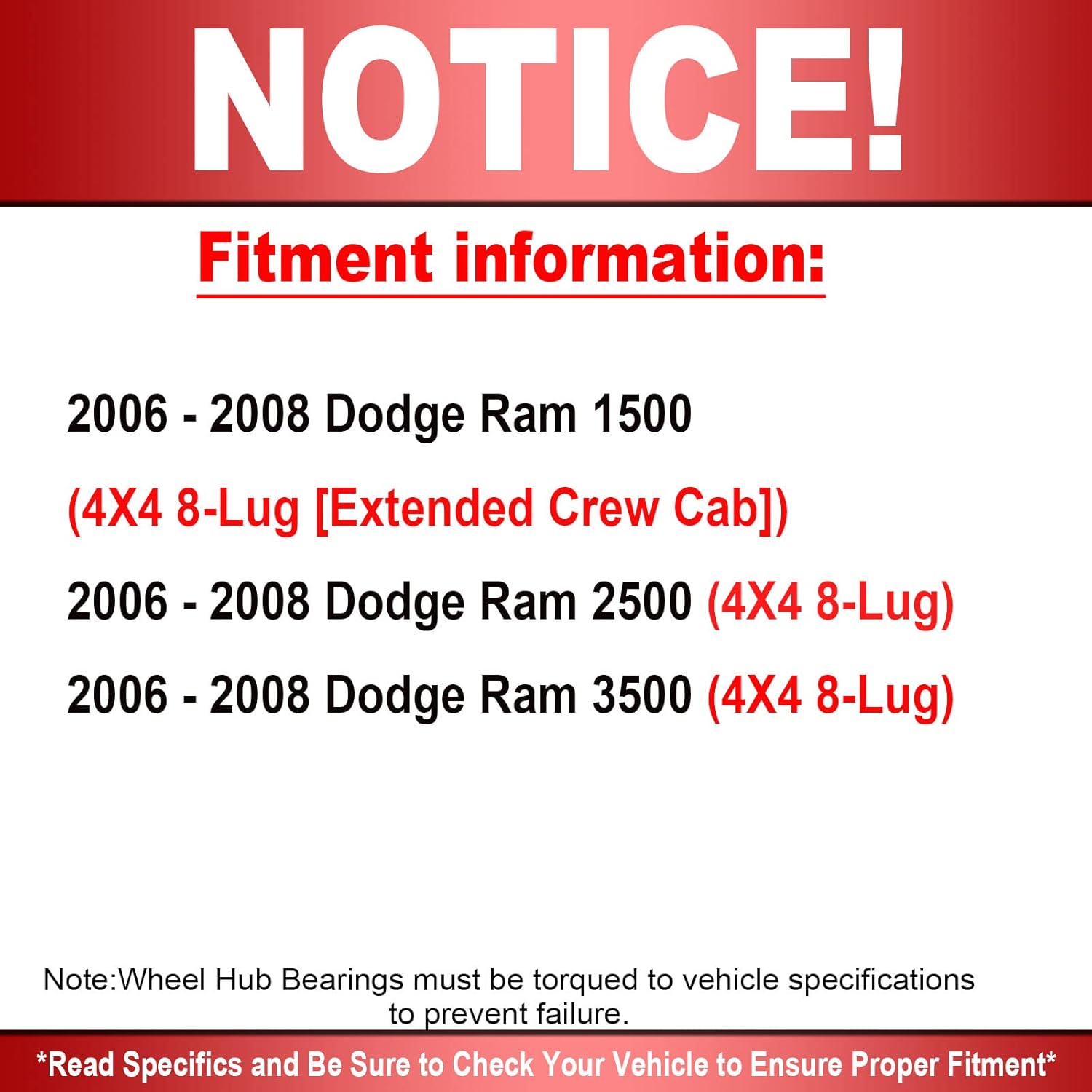 MotorbyMotor 515101 Front Wheel Bearing and Hub Assembly 4WD with ABS 8 Lugs fits for 2006-2008 Dodge Ram 1500 2500 3500 Wheel Hub Assembly 4x4