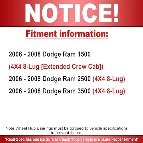 Miniatura 6 de MotorbyMotor 515101 Cojinete de rueda delantera y conjunto de cubo 4WD con ABS 8 lengüetas para Dodge Ram 1500 2500 3500 2006-2008 Conjunto de cubo