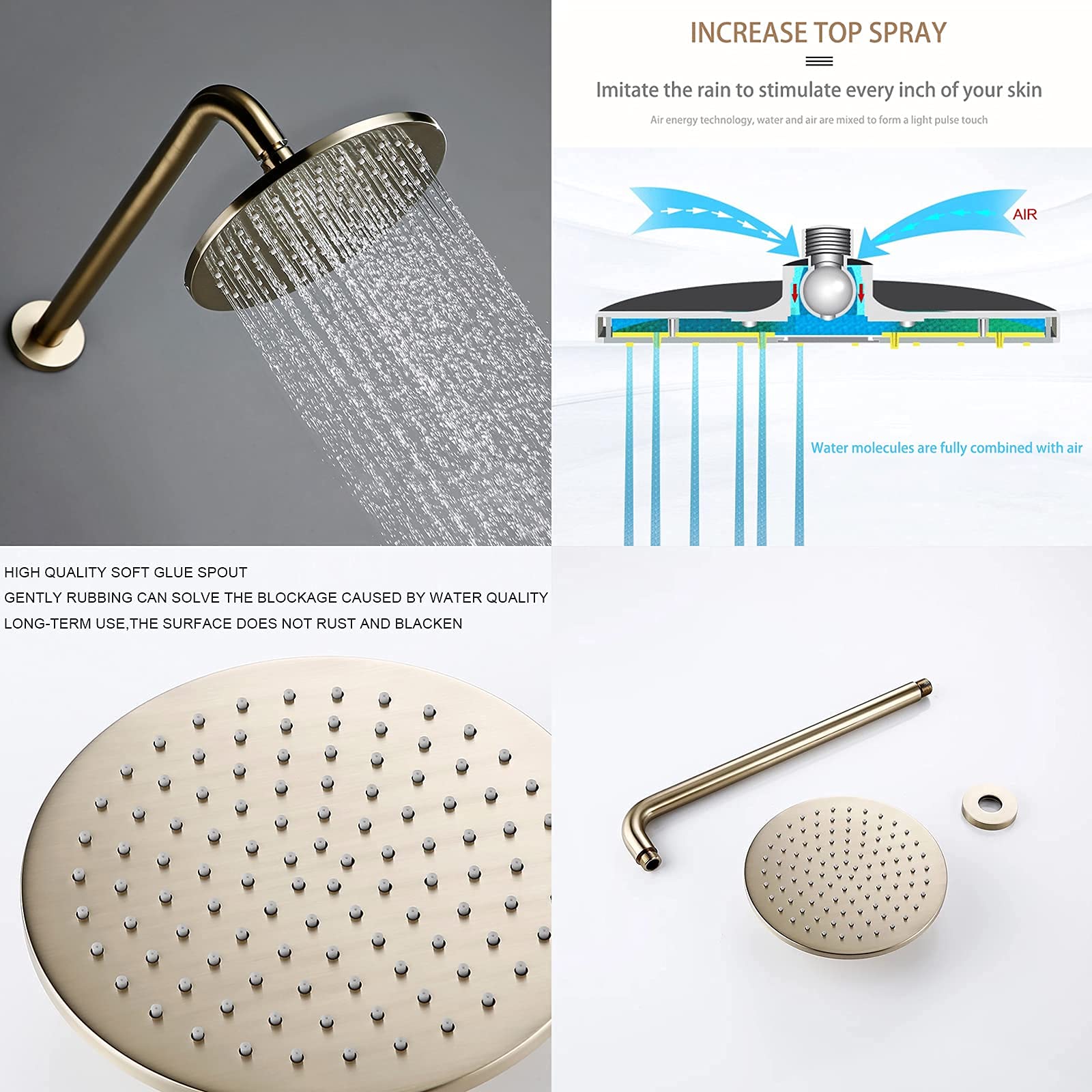 Zestaw prysznicowy Brushed Gold z baterią prysznicową do zabudowy, słuchawką natryskową i deszczownicą, zestaw prysznicowy z jedną rączką, zestaw wykończeniowy do wanny i prysznica, 2 funkcje (8 cal