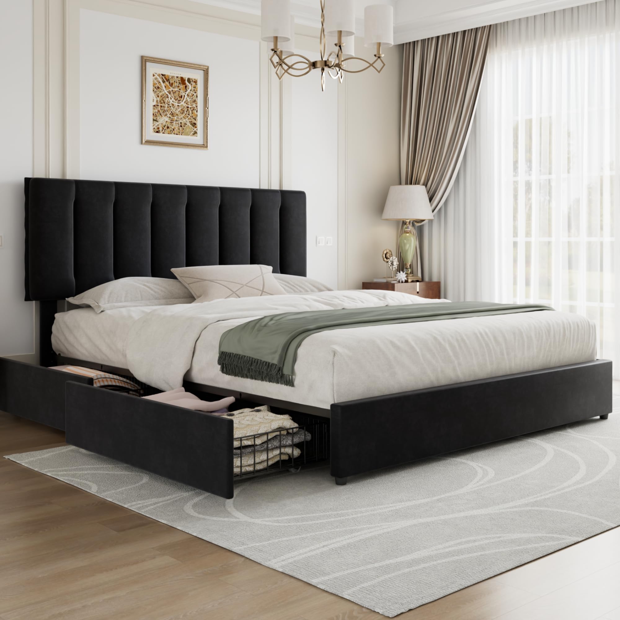 VECELO King Size Bed Frame with 4 Storage Drawers Adjustable Height Headboard Heavy-Duty Bedframe with Strong Wooden Slats