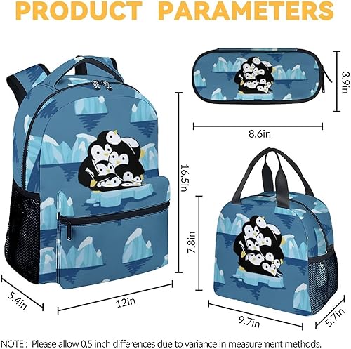 Miniatura 4 de Mochila de pingüinos con lonchera y estuche para lápices, 16 pulgadas, con correas ajustables, duradera, ligera, de gran capacidad, mochila escolar