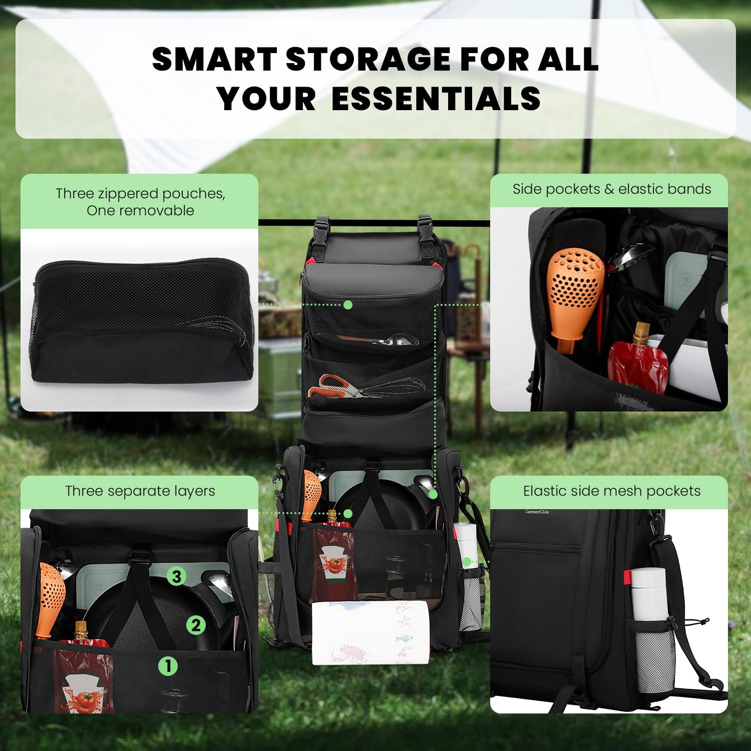 Camp Kitchen Organizer, Hanging Cooking Tools Storage Caddy Bag with Paper Towel Holder & Multi-Pockets, Portable Camping Utensils Kitchen Cookware Bag, Car Travel, Picnic, BBQ Essentials Camping Gift