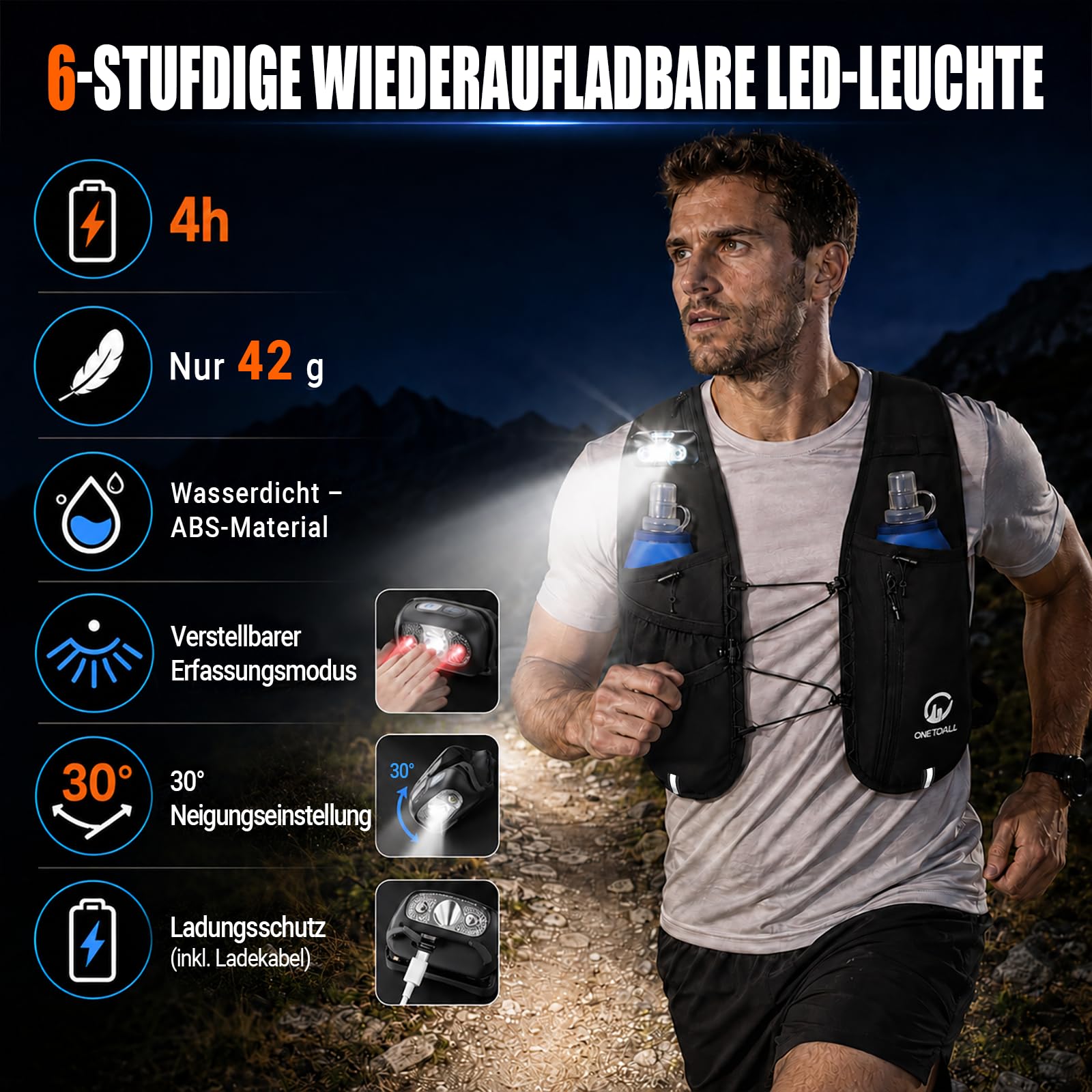 Laufweste Damen & Herren mit Zwei 500ml Trinkflaschen, Verstellbare Running Vest mit Lauflicht für bessere Sichtbarkeit, Atmungsaktiver Laufrucksack Trinkrucksack für Laufen Wandern Joggen
