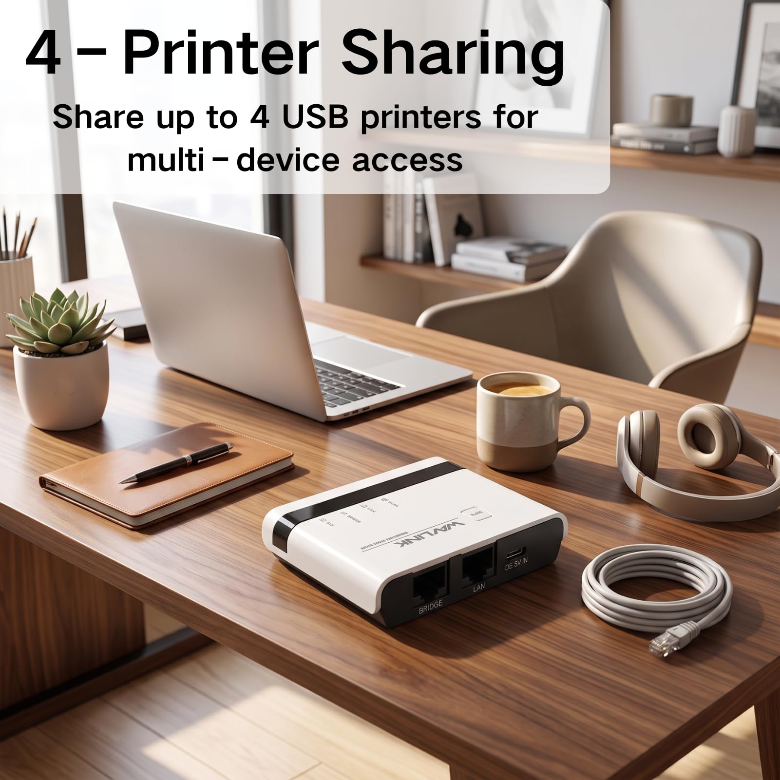 Serveur d'impression sans Fil, Partagez 4 Imprimantes USB sur LAN Via Ethernet ou WiFi, Plug and Play, Configuration Facile, Serveur d'impression sans Fil pour Une Utilisation en (Prise UE)