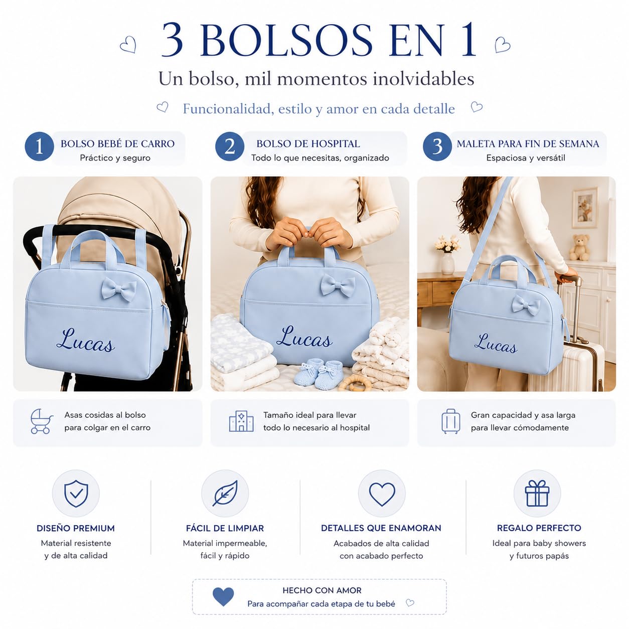 mibebestore Bolso Carro Bebe Personalizado con Nombre Bordado Bolsa para Silla Paseo de Polipiel Impermeable 40x27x20 cm Organizador de Carrito Hecho a Mano en España Regalo Nacimiento Recién Nacido