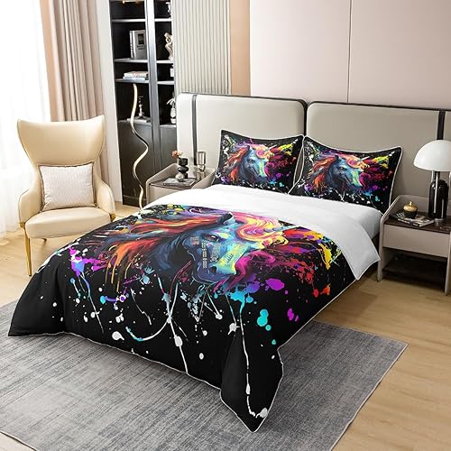 Miniatura 3 de Funda de edredón 100% de algodón natural, acuarela, unicornio, tamaño Queen para adolescentes y jóvenes, pigmentos coloridos, graffiti, pintura al