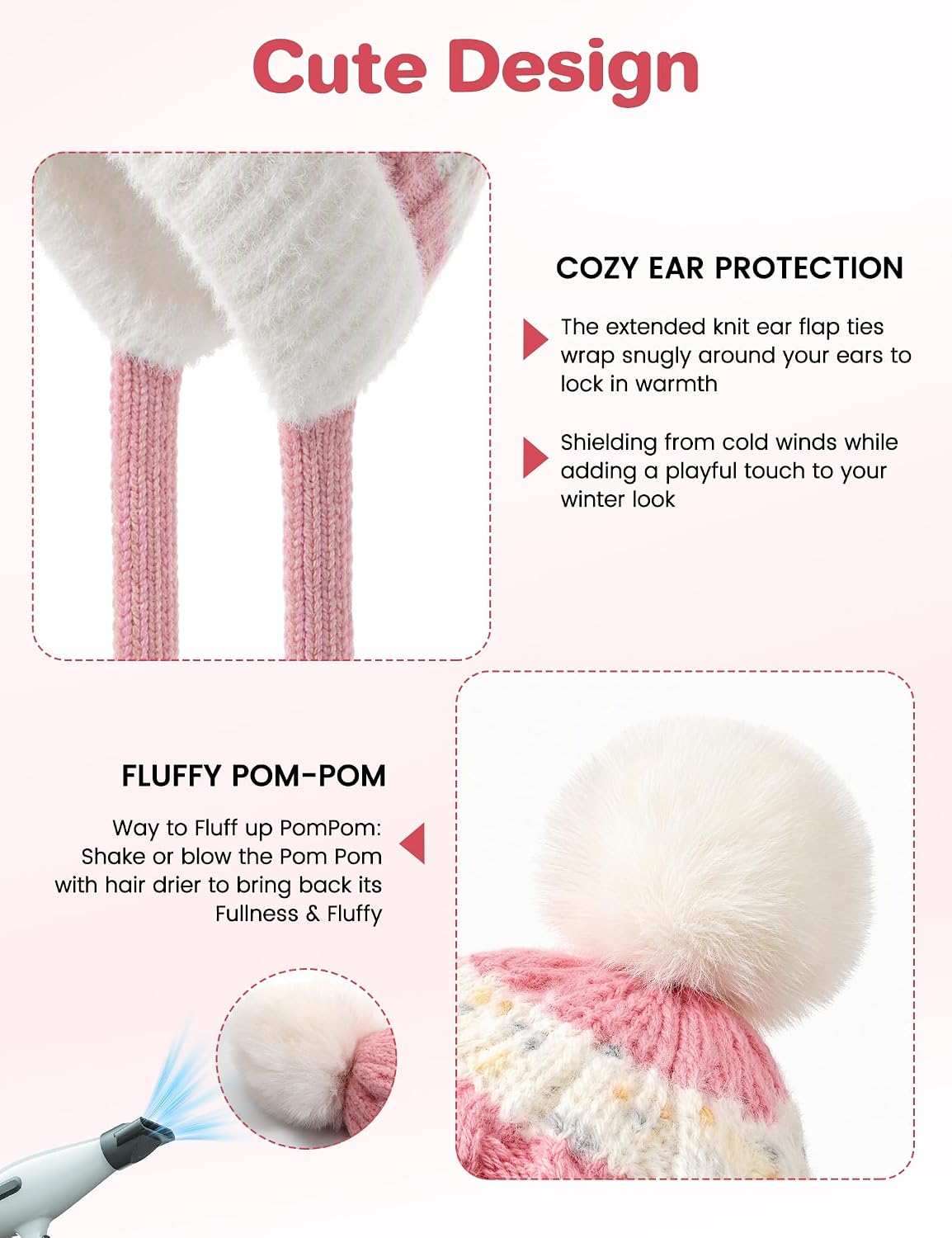 Kids Winter Hat Girls Beanie Knit Lined Caps with Cute Pom Poms