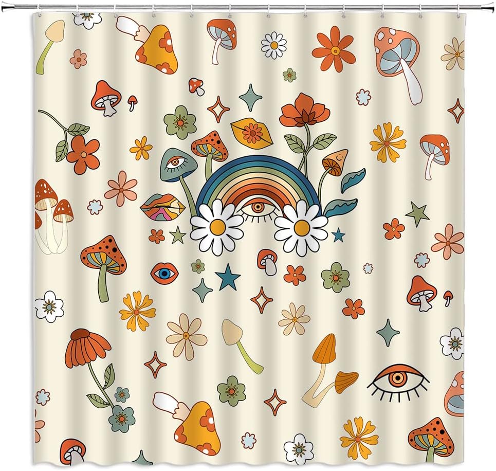 70s Retro Boho Floral Shower Curtain Mushroom Funky Mushrooms Flowers and Eyes Hippie Abstract Plant Vintage Yellow Orange Fabric Bathroom Curtains Decor Set with Hook(70" Wx84 H)
