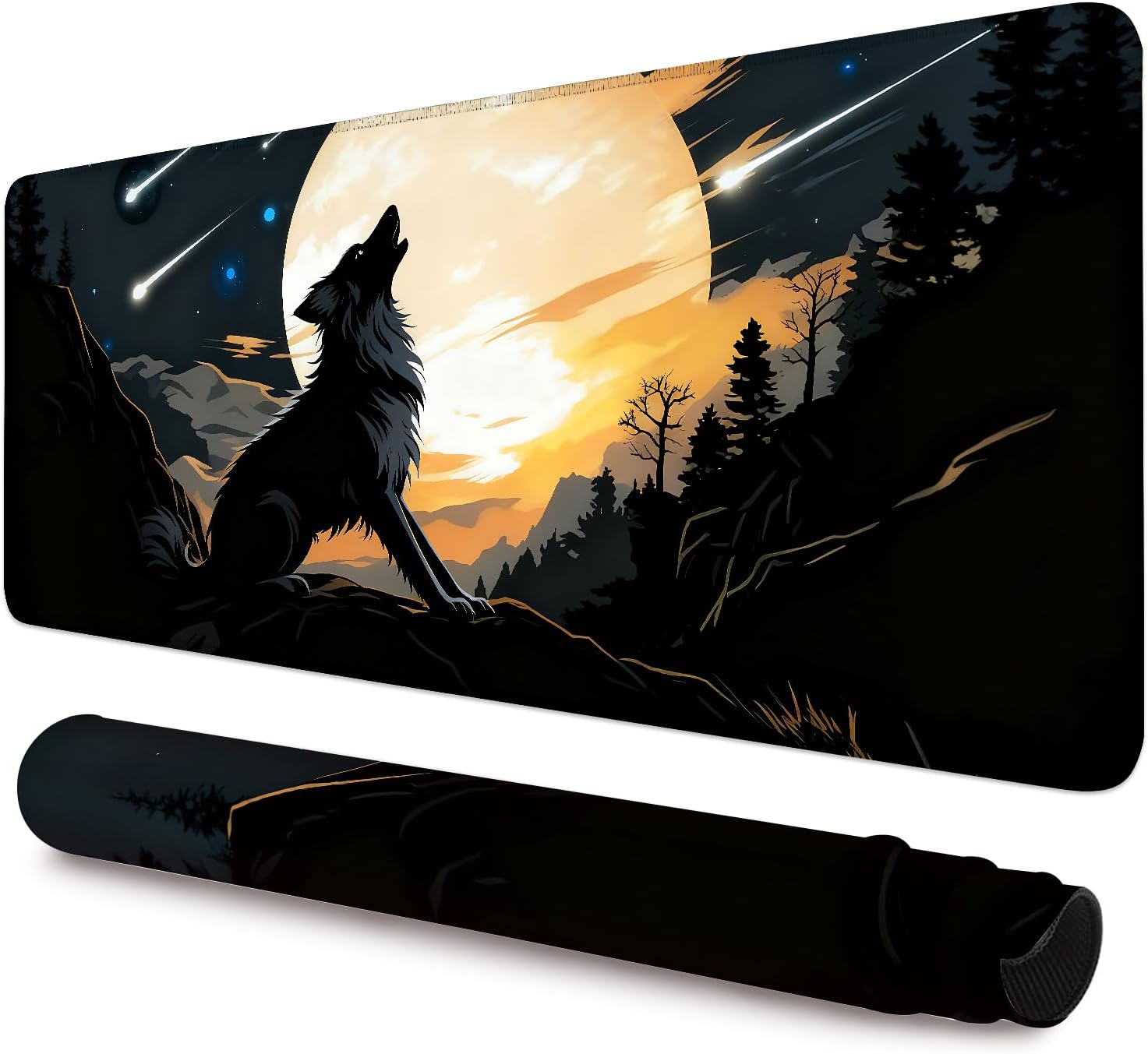 Wolf & Moon Extended Gaming Mouse Pad,35.4 x 15.7 Inch Large Mousepad with Stitched Edges,Water-Resistant Desk Mat with Non-Slip Rubber Base for Gaming,Office,Home Office