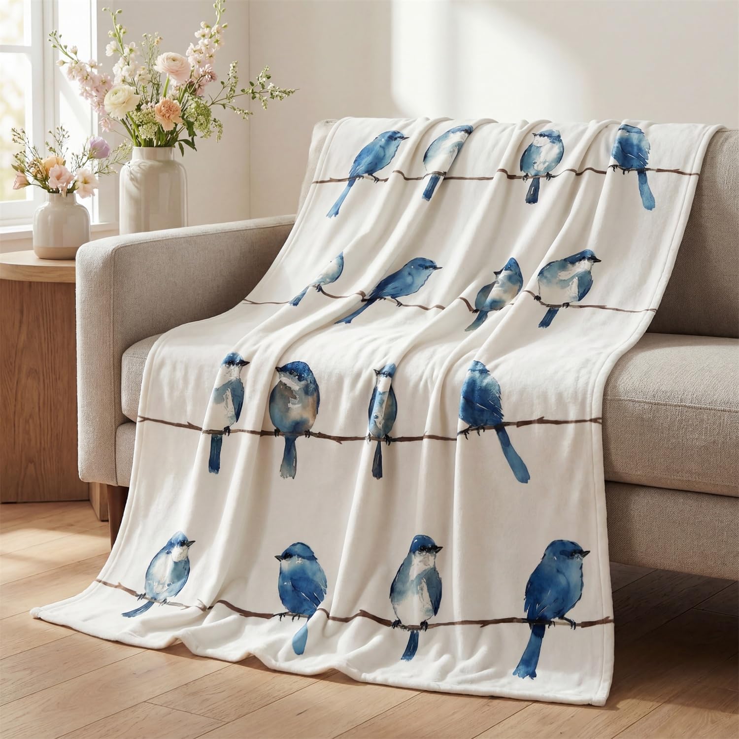 Horaldaily Spring Summer Flannel Blanket Throw, Family Birds Blue Soft Fuzzy Plush Cozy Fleece Blankets for Couch Sofa Bed Lounging, Ideal Gifts for Kids Adults Self, 60x80