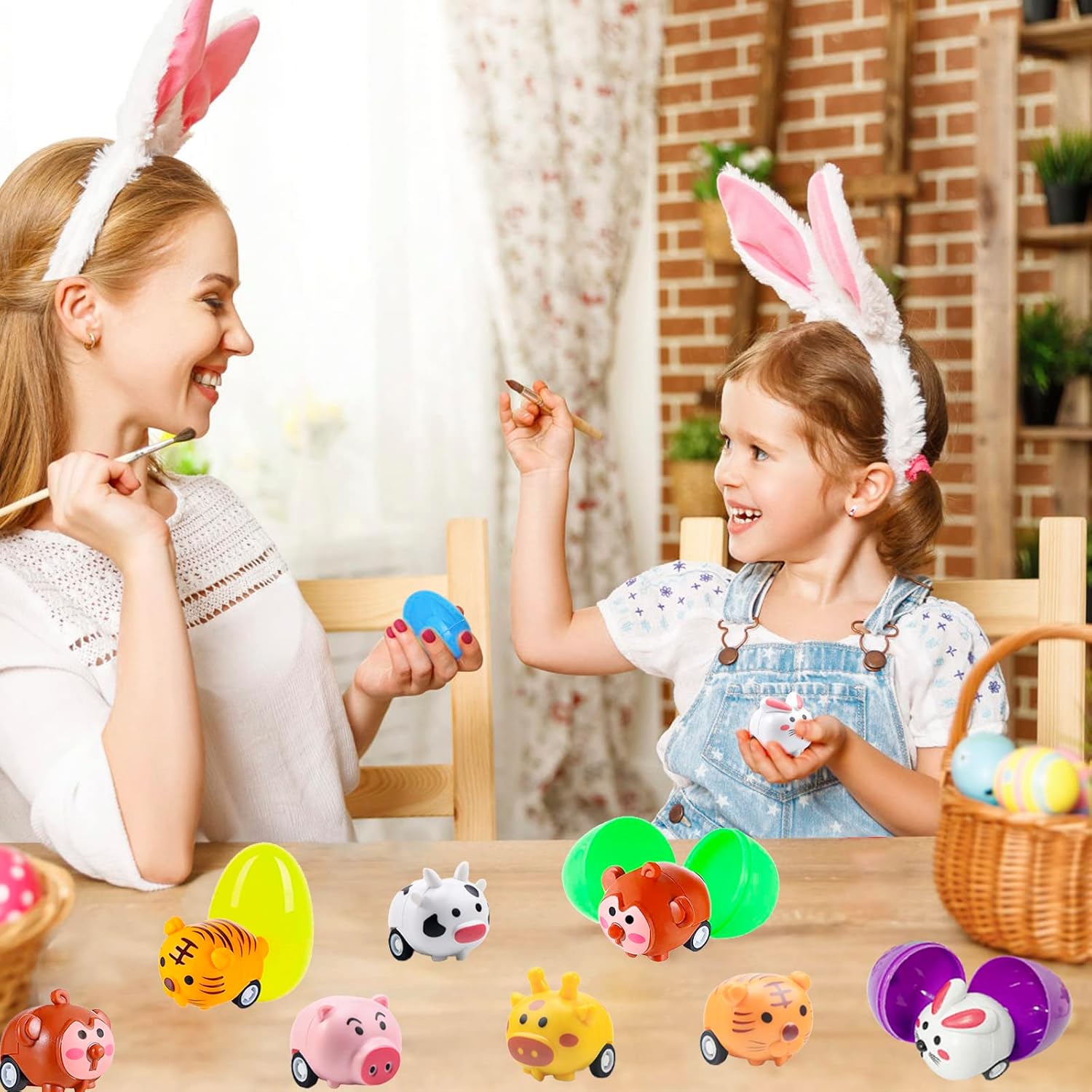 BAINFE 12PCS Easter Eggs with Pull Back Car Toys, Plastic Eggs with Cartoon Animal Vehicles for Kids Easter Egg Hunts, Easter Basket Stuffers Fillers, Easter Party Favor Classroom Prize Supplies