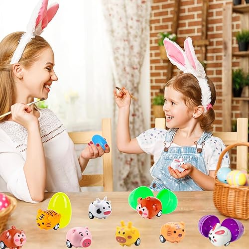 Miniatura 6 de 12 huevos de Pascua con juguetes de automóvil para tirar hacia atrás, huevos de plástico con vehículos de animales de dibujos animados para niños,