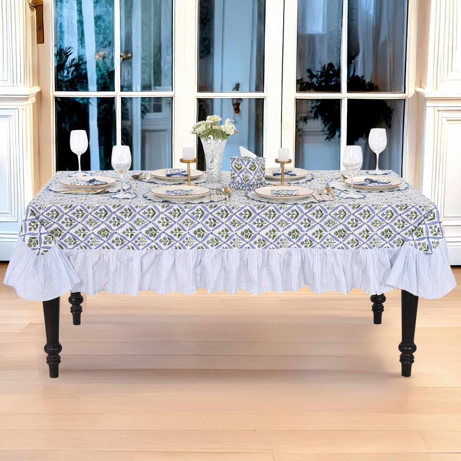 Ridhi Light Steel Blue Ruffle Block Print Tablecloth 100% Cotton 60x60 Square Floral Table Cover, Elegant, Vintage, Shabby Chic Home Decor for Wedding, Kitchen, Farmhouse, Garden, Gift for Festival