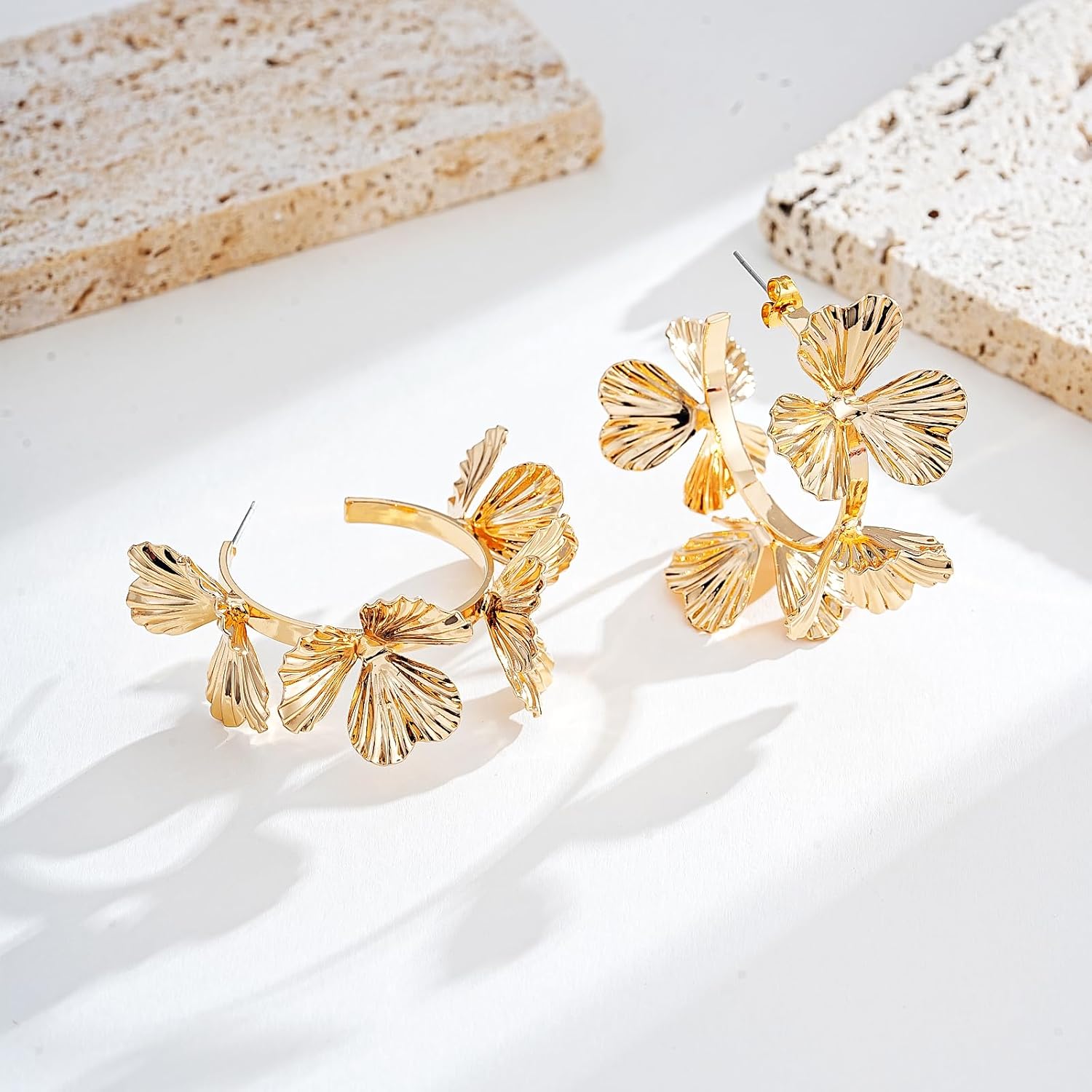 Large Gold Floral Earrings Floral Statement Hoop Earrings 18K Gold-Plated Hypoallergenic Exaggerated C-Shape Large Flower Open Hoops for Women - Image 6