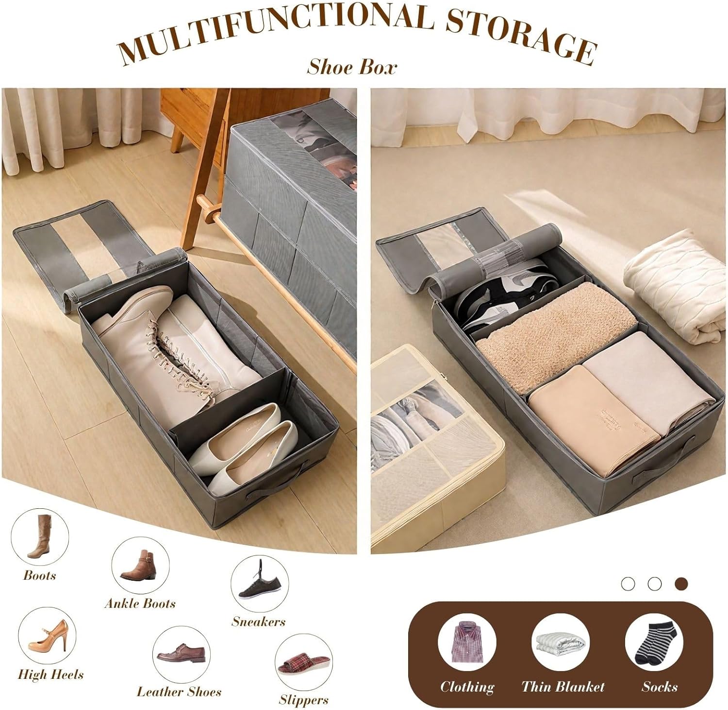 Shoe Organizer for Closet, Foldable Shoe Storage Containers with Clear Cover, Shoe Box Organizers Bins with Adjustable Dividers Handles,Shoe Storage Fits 6 Pairs(Gray,2 pack)